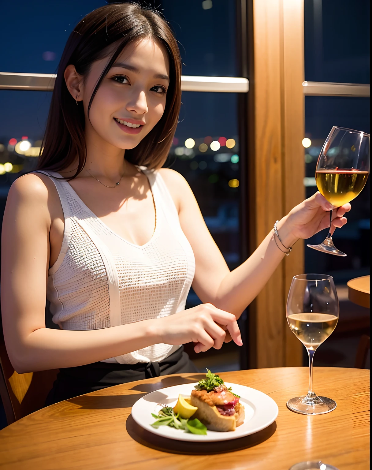 (64K, UHD, top quality, masterpiece: 1.2), (realistic, photorealistic: 1.37), super detailed, pretty woman 1 person, (slim face), (slim body), (brown hair), (short cut), cheeks slightly blushing, (44 years old), 38 years old, solo, beautiful detailed urban night view outside the window, restaurant, wine glasses sit, at night, in a prominent placeNovaFrogStyle, Actress, Model, Waist Up, White Wine, Slim, Wine Glass, Super Clean Night View, Wine Glass Put in the Middle, Happy Smile, (Smile: 1.15), Beautiful Fine Eyes, Upper Body, Bust Japan Up, Night, Short, Short, Actress, Model, Waist Up, White Wine, Slim, Wine Glass, Super Clean Night View, Wine Glass Put in the Middle, Happy Smile,