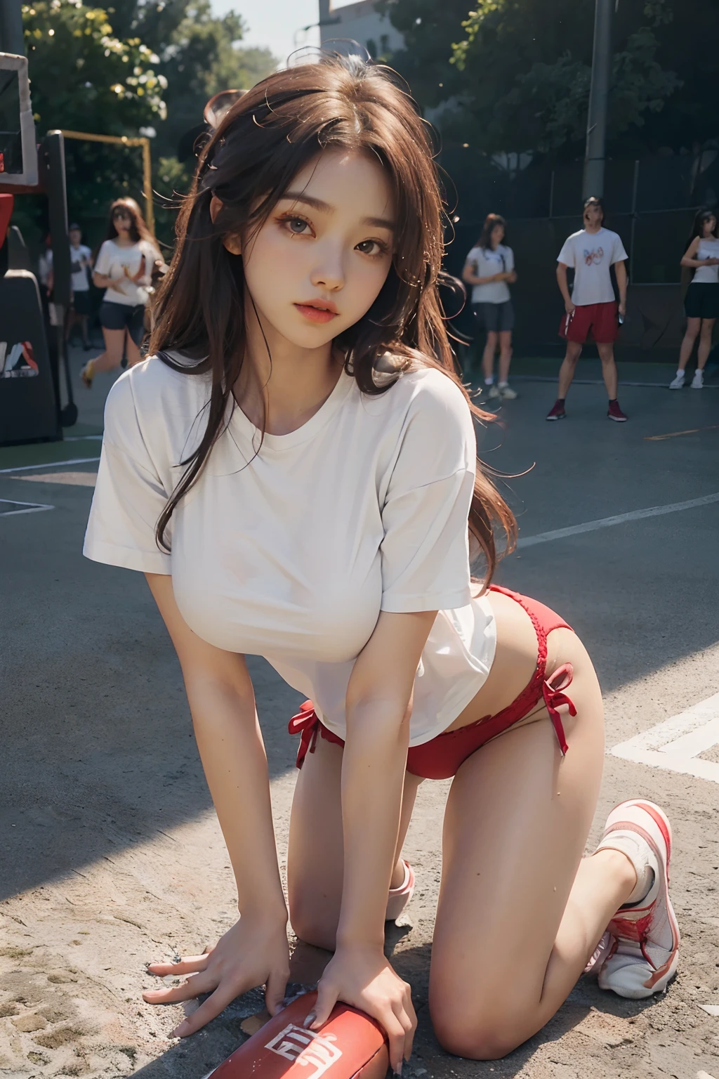 (very cute girl) , (korean ), (raw photo:1.2), (photorealistic:1.4), very detailed eyes and face, beautiful detailed eyes, super detailed, high resolution, very detailed, masterpiece,unified, 8k wallpaper, amazing, Fine details, masterpiece, best quality, , light on face, cinematic lighting, 1girl, ((large breasts:1.4)), (underboob: 1.2),((1girl gorgeous brown long hair), (((saggy breasts))),(((wearing white t-shirt with red panties))), wet body, full body, wearing running shoes with socks until below of knees, sweating,(solo),(looking side),(spectators),(NBA),bent over,lookside,(side), ,(Basketball sportswear),((Play basketball)),(( gymnasium)),((speed)),(reality),