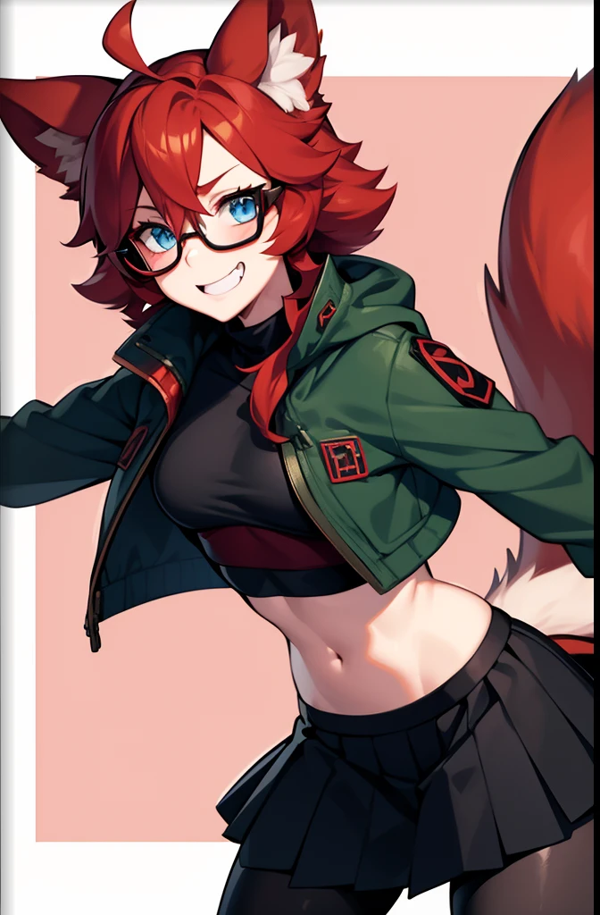 softly toned young adult, small breasts, short scruffy red hair, fox girl, pale blue eyes and black glasses, wearing a dark green coat, red comfy undershirt, long black pleated skirt, black autumn gloves, laughing