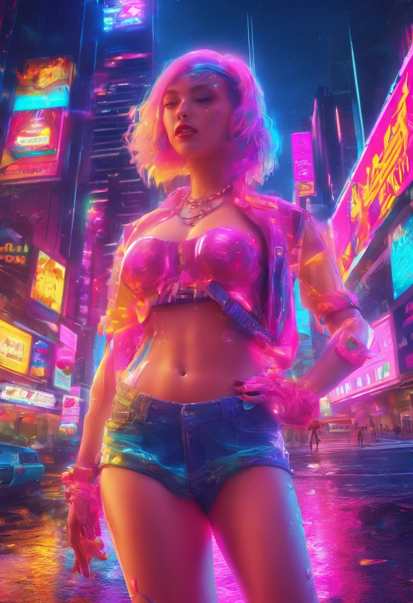 nsfw, masterpiece, 1 girl, erect , intricately detailed, topless, new york times square, night, neon lights, crossing, crowd, navel, necklace, holding smartphone, denim shorts, smiling, extremely detailed, photorealistic, octane render, 8 k, unreal engine. horse ears, horse tail, bare breasts, bare stomach, sweaty, people on background, heavy breathing, raining, puddle, wet body