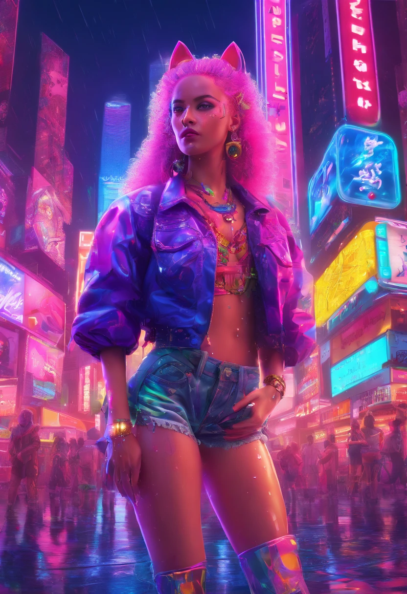 nsfw, masterpiece, 1 girl, erect , intricately detailed, topless, new york times square, night, neon lights, crossing, crowd, navel, necklace, holding smartphone, denim shorts, smiling, extremely detailed, photorealistic, octane render, 8 k, unreal engine. horse ears, horse tail, bare breasts, bare stomach, sweaty, people on background, heavy breathing, raining, puddle, wet body