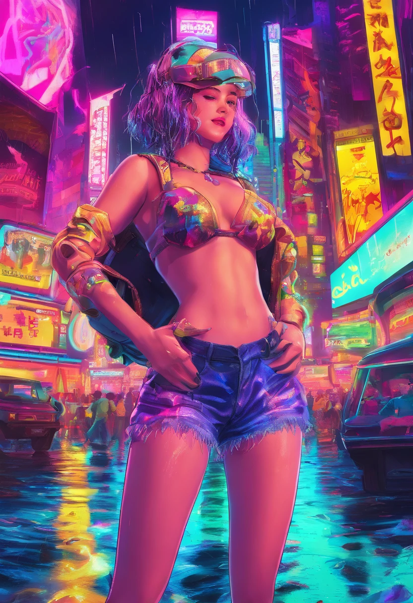 nsfw, masterpiece, 1 girl, erect , intricately detailed, topless, new york times square, night, neon lights, crossing, crowd, navel, necklace, holding smartphone, denim shorts, smiling, extremely detailed, photorealistic, octane render, 8 k, unreal engine. horse ears, horse tail, bare breasts, bare stomach, sweaty, people on background, heavy breathing, raining, puddle, wet body