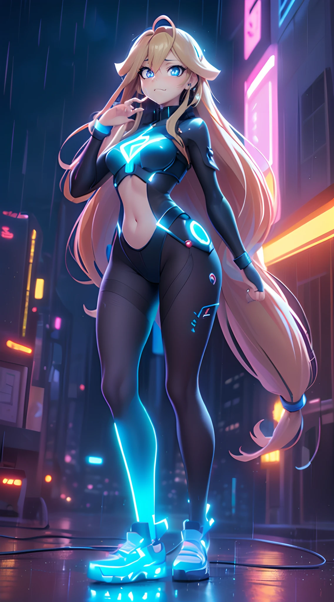 (Dynamic Angle:1.4), ((Full body posing:1.5), (Colorful:1.2), (Highly detailed CG Unity 16K wallpaper:1.1), (Denoising strength: 1.45), (tmasterpiece:1.37), ((Official art)), of the highest quality, (Realistic), Green Cyber Girl, 2 head body,Deformed Character,cute expression, (Super long hair:1.6),voluminous hair,Hair in motion,Golden hair,(Dark skin:1.3),Glowing eyes,(blue eyess:1.2), ((a closed mouth:1.5)),wires, (LED:1.3), (a hologram:1.2), futuristic city street, Neon light, Skyscrapers, (Night:1.2), (Rainbow Model:1.2), 8K resolution, (Anime style:1.3), Cinematic lighting, chromatic abberation, spark of light, Ray tracing, blending, ultra wide-angle, Hasselblad, (masutepiece), (masutepiece), ((Best Quality)), ((masutepiece)), nffsw