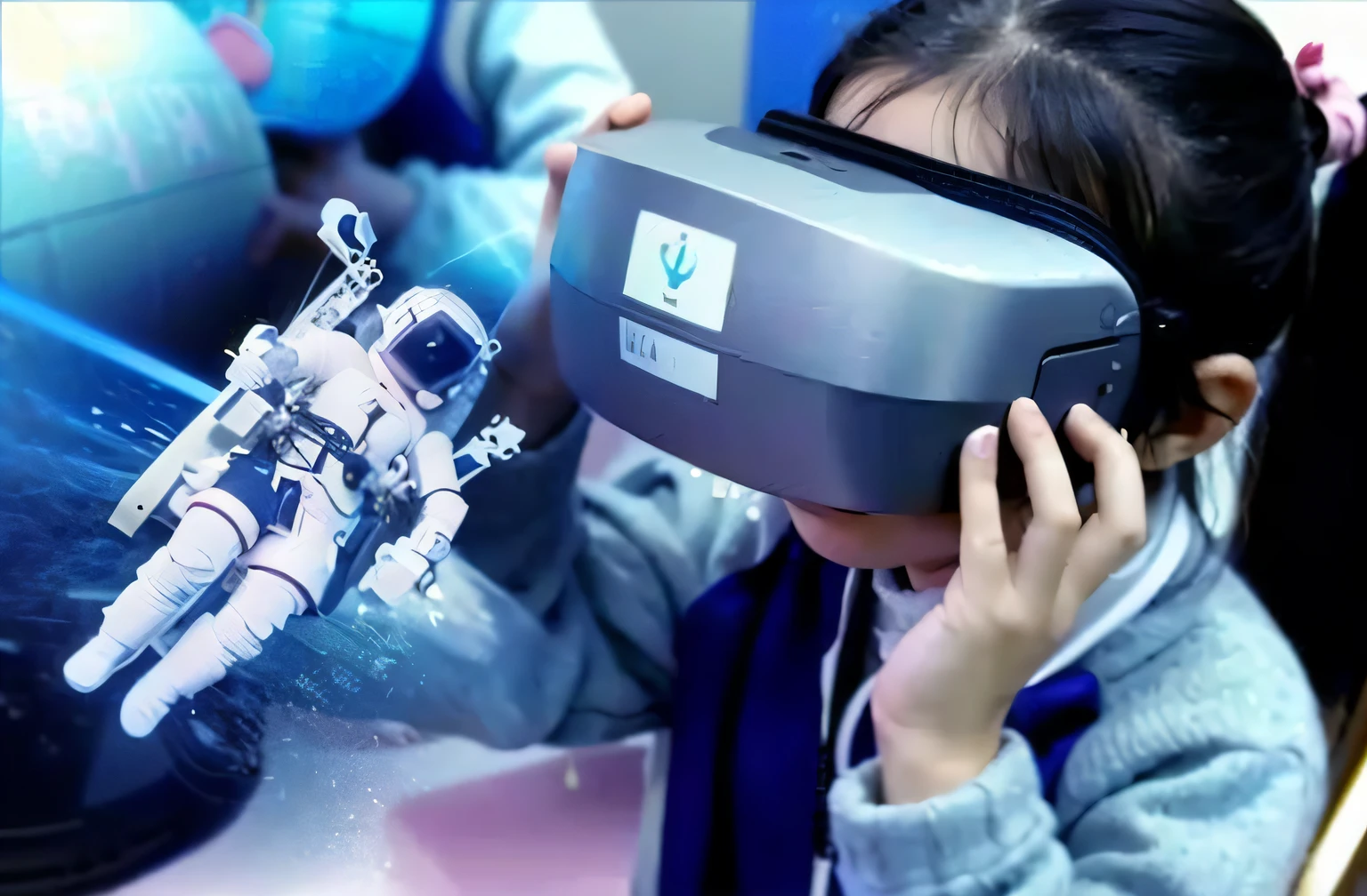 Image of Alafard of a girl wearing a virtual reality headset, Virtual reality, virtual reality game, vr goggles, wearing vr goggles, vr headset, vr helmet, vr headset, future-tech, VR glasses, Use a VR headset, Floating VR headset, Wearing VR glasses, Picture quality restoration HD real person