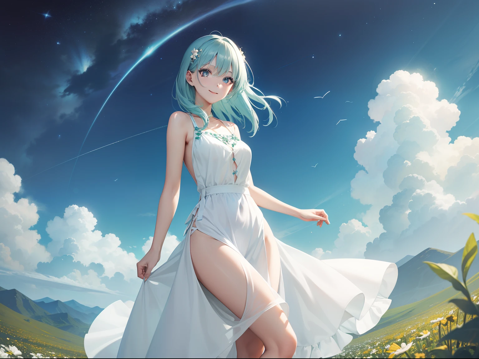 Pretty girl In the cosmos field Light blue hair Long Black eyes a smile Green and white long dress breezing Sunnyday