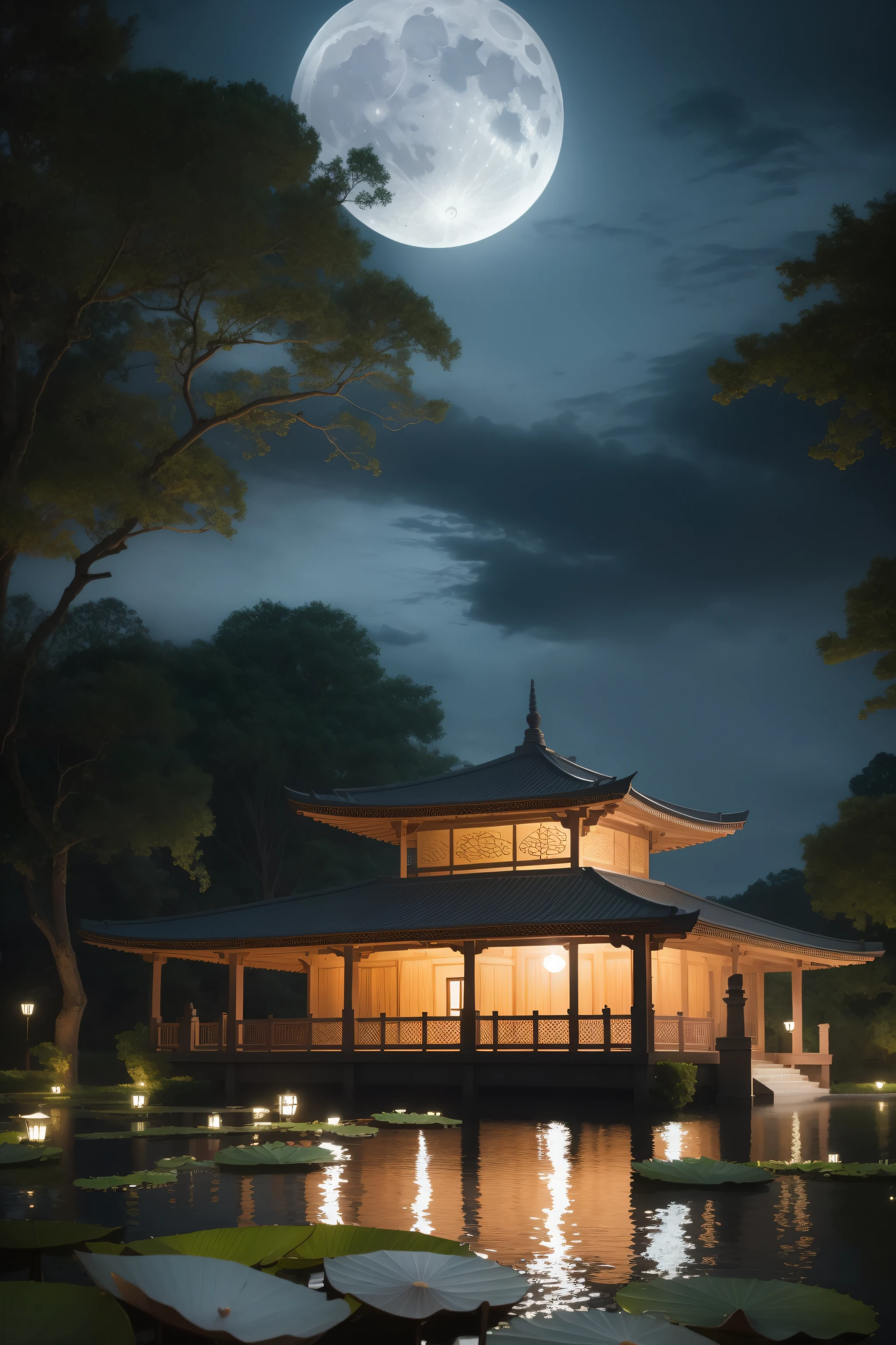Lotus pond moonlight,Pavilions,dark stormy clouds,A bright moon,Rich in detail,naturey,Skysky,iintricate,Beautiful artistic conception,Award-winning photography,depth of fields,HDR,16k wallpaper,Best quality at best,tmasterpiece