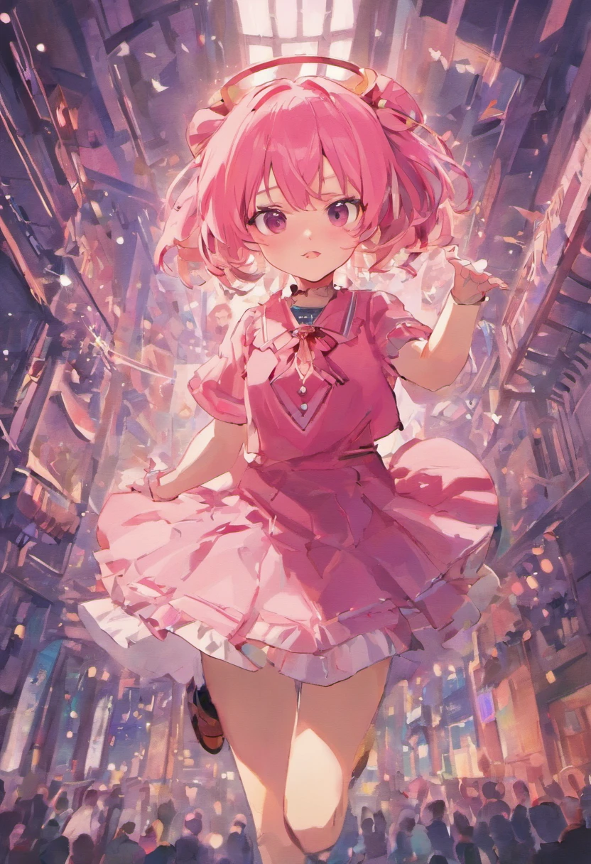 ,Two-dimensional painting style,a skirt,Personality,A pink-haired,baggy clothes,boots,stocklings,whaite hair,Witch Cat,Delicate painting style,Delicate portrayal,Masters paint,A masterpiece