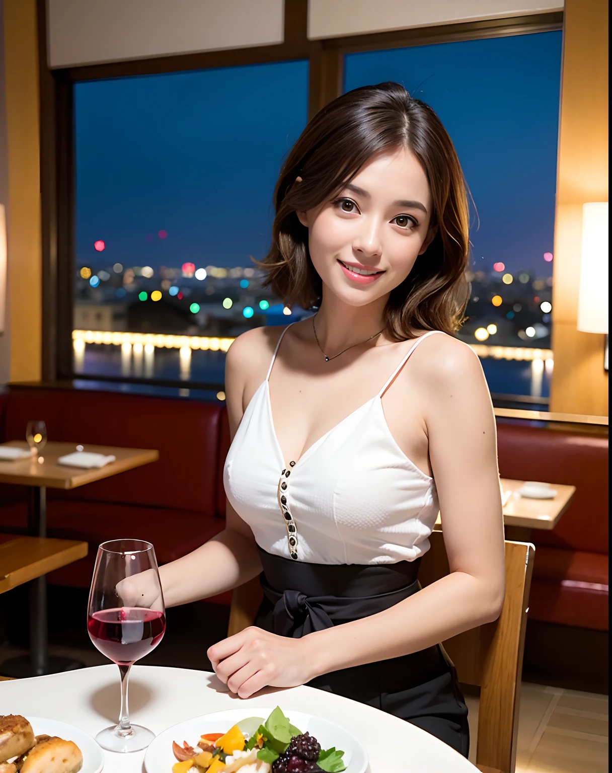 (64K, UHD, top quality, masterpiece: 1.2), (realistic, photorealistic: 1.37), super detailed, pretty woman 1 person, (slim face), (slim body), (brown hair), (short cut), cheeks slightly blushing, (44 years old), 38 years old, solo, beautiful detailed urban night view outside the window, restaurant, wine glasses sit, at night, in a prominent placeNovaFrogStyle, Actress, Model, Waist Up, White Wine, Slim, Wine Glass, Super Clean Night View, Wine Glass Put in the Middle, Happy Smile, (Smile: 1.15), Beautiful Fine Eyes, Upper Body, Bust Japan Up, Night, Short, Short, Actress, Model, Waist Up, White Wine, Slim, Wine Glass, Super Clean Night View, Wine Glass Put in the Middle, Happy Smile,