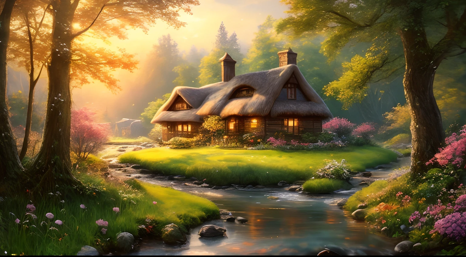 masterpiece, best quality, high quality,extremely detailed CG unity 8k wallpaper, An enchanting and dreamy scene of a fantasy forest, beautiful cottage beside a stream,with towering trees, glowing flowers, and hidden fairy glens, creating a sense of mystique and enchantment, artstation, digital illustration, intricate, trending, pastel colors, oil paiting, award winning photography, Bokeh, Depth of Field, HDR, bloom, Chromatic Aberration ,Photorealistic,extremely detailed, trending on artstation, trending on CGsociety, Intricate, High Detail, dramatic, art by midjourney