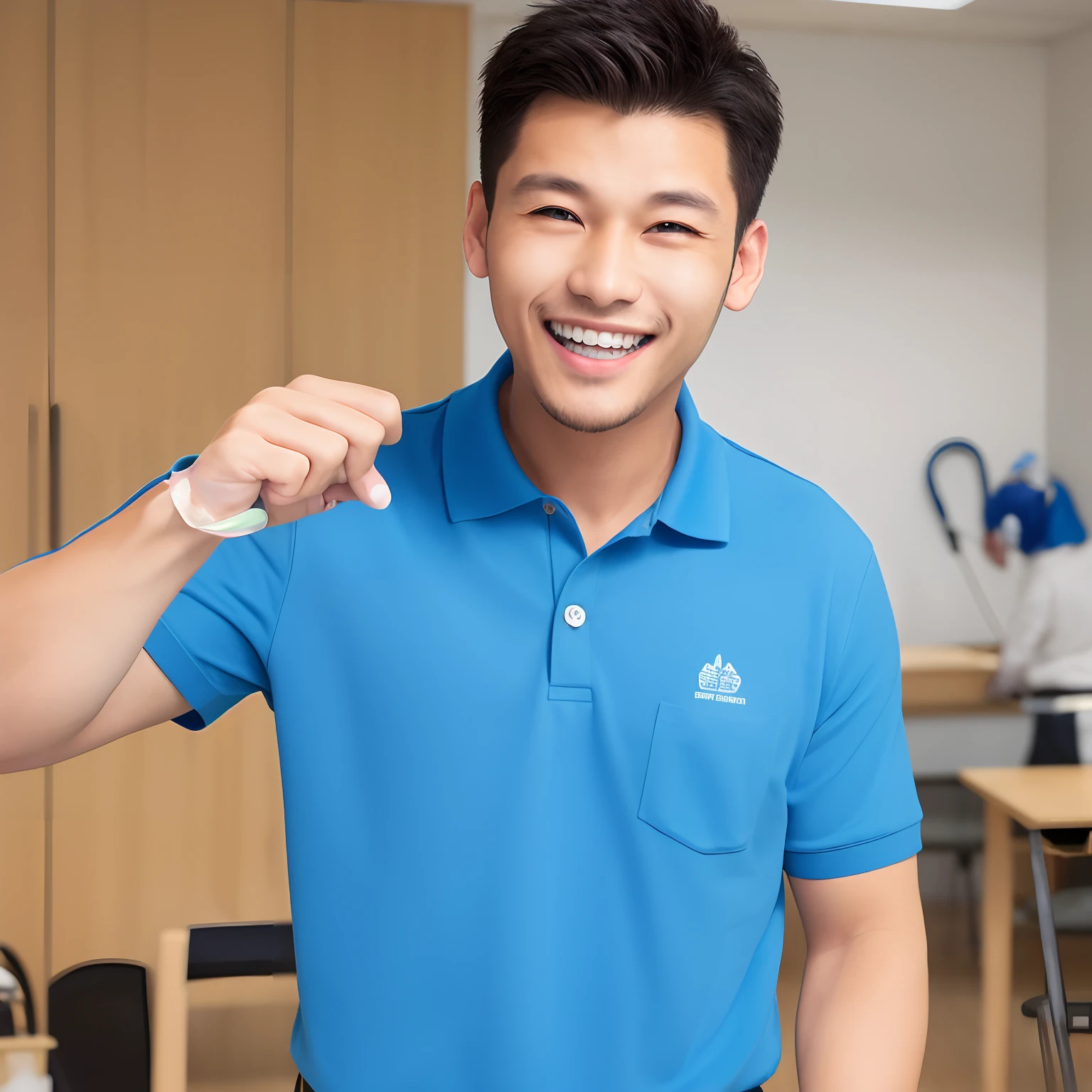 Cleaning workers、Man in blue polo shirt、Where I Teach、Get to work with a smile。Newcomer guidance