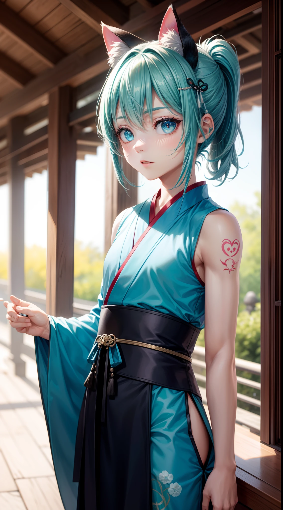 Young guy, short gray hair, high ponytail, Cyan eyes, Cat's ears, Hanfu, Sleeveless, Tatoo, Masterpiece, hiquality