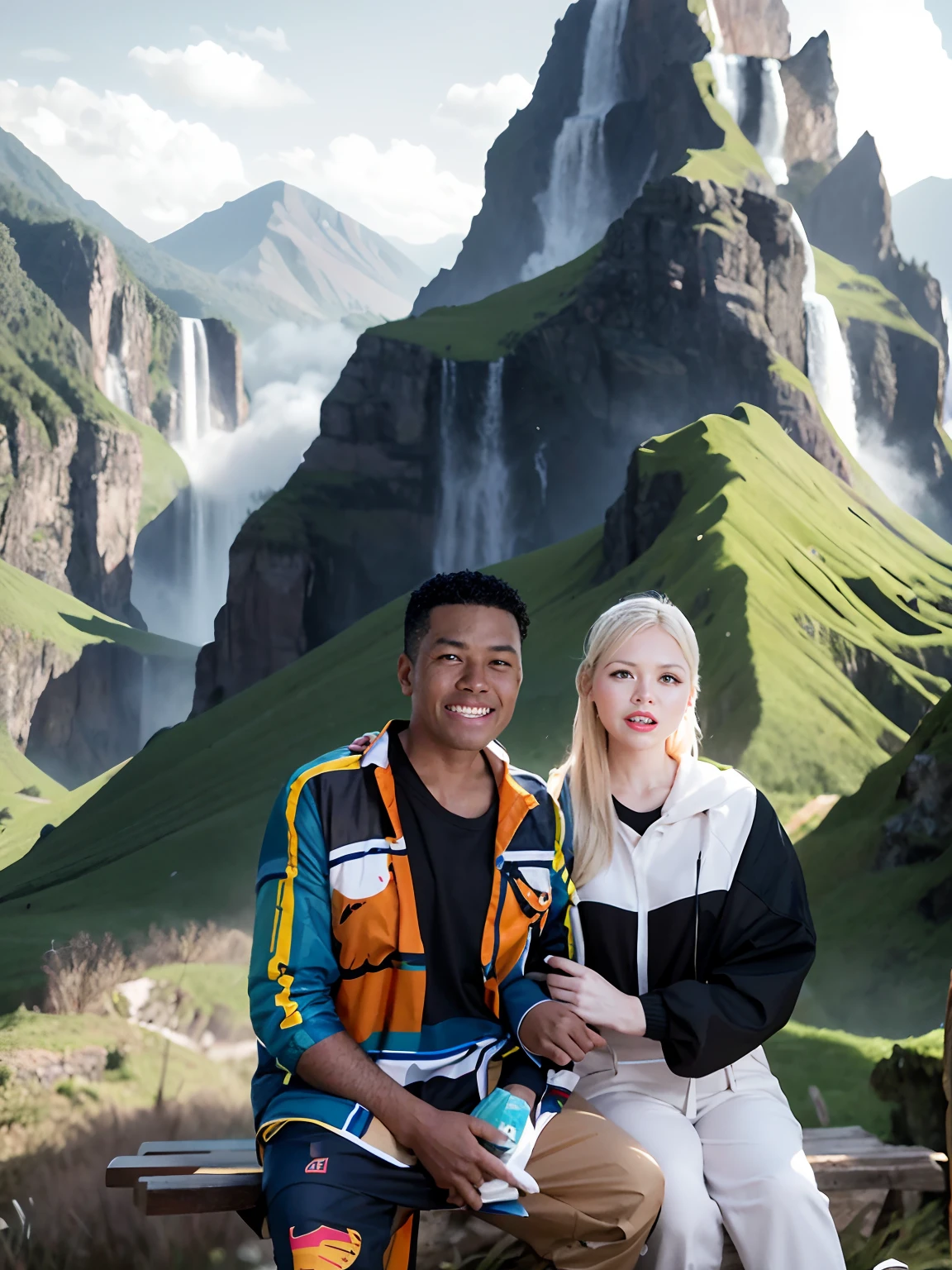 Change the background of this photo and there should be a mountain and a waterfall but the faces of these two people should not change.