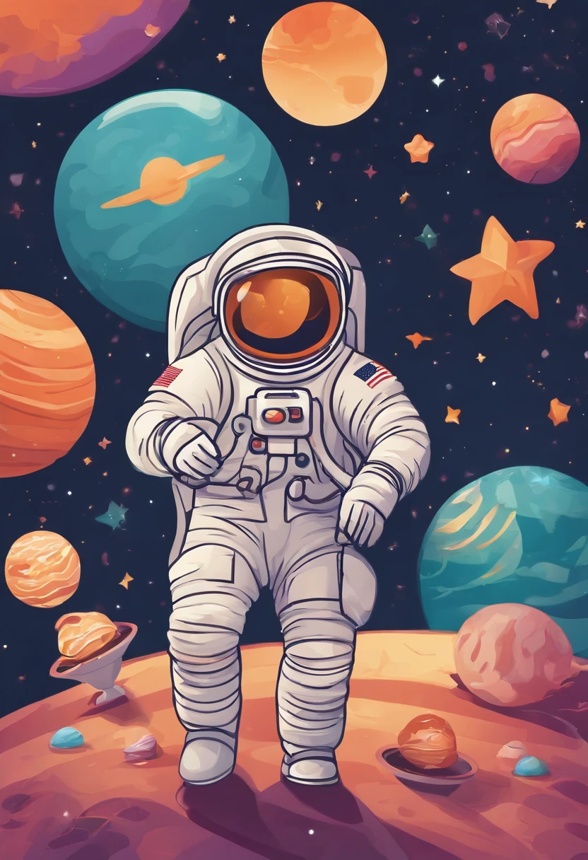 Create a joyful and vibrant digital art illustration of a cheerful astronaut in a whimsical, outer space setting. Use a bright and happy color palette to bring the astronaut to life, and design a background that includes playful elements like colorful planets, smiling stars, and floating ice cream cones. Make sure the astronaut is portrayed in a lighthearted and animated manner, evoking a sense of wonder and happiness. This artwork will be perfect for a sticker that spreads joy and positivity