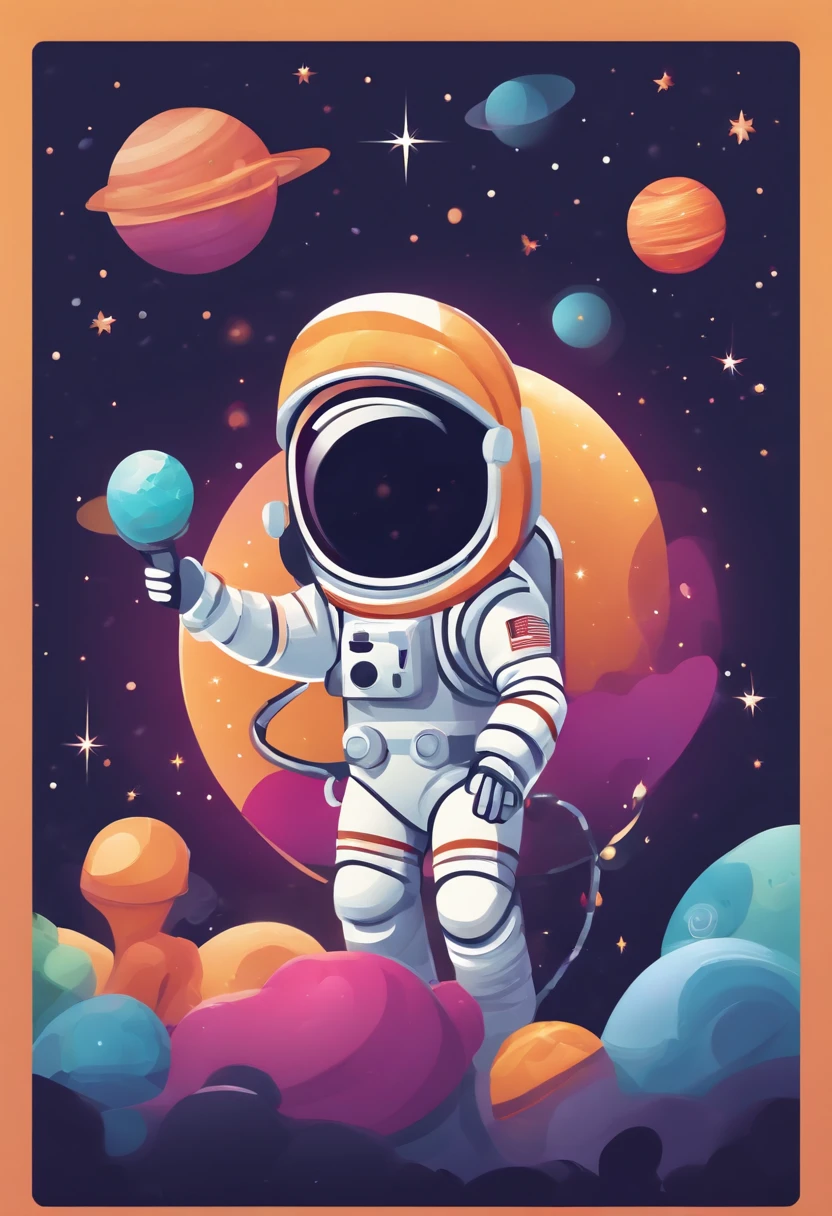 Create a joyful and vibrant digital art illustration of a cheerful astronaut in a whimsical, outer space setting. Use a bright and happy color palette to bring the astronaut to life, and design a background that includes playful elements like colorful planets, smiling stars, and floating ice cream cones. Make sure the astronaut is portrayed in a lighthearted and animated manner, evoking a sense of wonder and happiness. This artwork will be perfect for a sticker that spreads joy and positivity