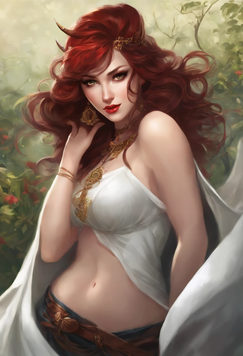 Create an image of a character named Vermillion with the following details:
- Appearance: Minerva has an enigmatic but playful and teasing presence. She possesses a unique blend of strength and mystery.
- Eyes: Her eyes are deep pools of emeralds.
- Hair: Her hair is a rich shade of crimson, cascading in graceful waves around her. It contrasts vividly with her pale skin, adding warmth to her overall appearance. Twin pitch black demon horns sprout from the back of her head and point upwards.
- Ethnicity: She has an American/Asian-inspired appearance, featuring delicately sculpted features that convey an otherworldly and mysterious beauty.
- Outfit: Vermillion wears a tight brown T-Shirt, and tight blue jeans that hug her curves.
- Note: Vermillion is an ethereal spirit and does not completely inhabit the physical realm.
Please create an image that captures Vermillion's essence and embodying her unique appearance. The image should reflect her enigmatic and powerful persona, but also have her give a teasing smile; highlighting her eyes, hair, and the interplay of colors between the black, red, and brown elements.