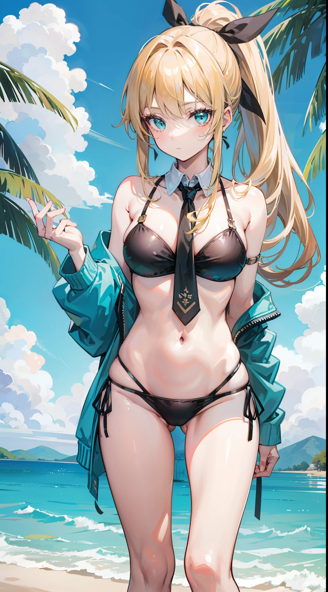 An 18-year-old woman with golden hair, turquoise eyes, ponytail hair, a black ribbon tie behind her back. Wearing a bikini next to a natural lake