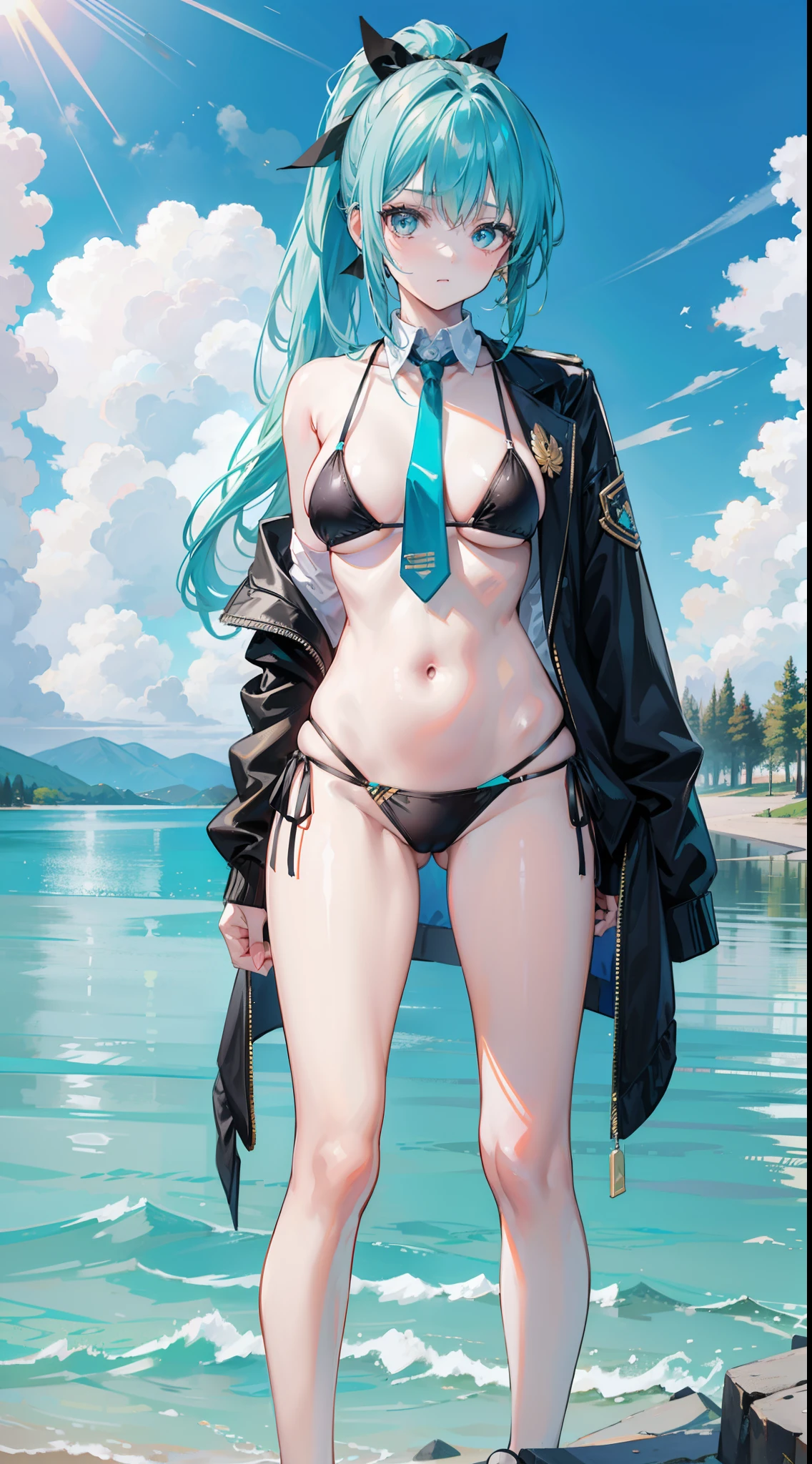 An 18-year-old woman with golden hair, turquoise eyes, ponytail hair, a black ribbon tie behind her back. Wearing a bikini next to a natural lake