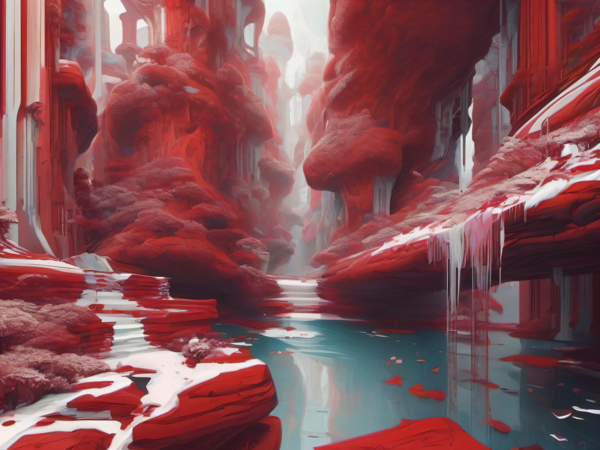 Abstract painting by Michael Van douv. in the style of rendered in cinematic 4D, Kilian Eng, White and crimson, rococo realms, tasteful use of negative space, matte painting, dripping paint, --ar 128:71, in the style of surreal 3D, high-resolution details, fine texture, Highly photorealistic, Ultra HD 12k, --v 5.2, -- s 50, chaos 320.