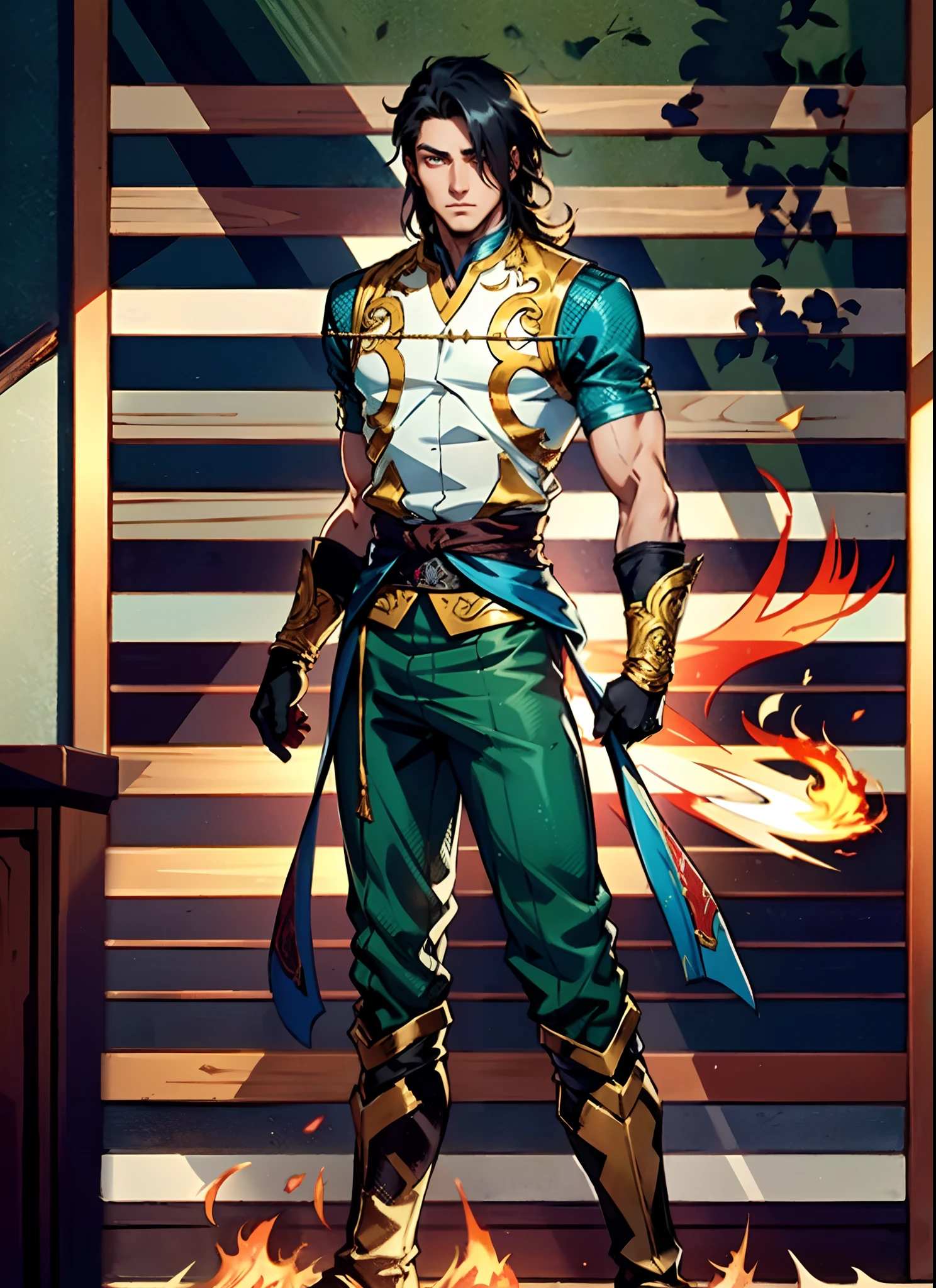 A young man with flowing black hair, a tuft of golden hair that partially covers one eye, a handsome and resolute face, a trace of loneliness in his firm gaze, a two-piece outfit that combines fantasy and martial arts elements, consisting of a tight-fitting shirt and a jacket, the outfit features twisted flame patterns, with white as the main color and red and blue as secondary colors, wears gloves that also serve as wrist guards, dark pants, boots embellished with metal decorations, this character embodies a finely crafted fantasy-style Chinese martial hero design in anime, characterized by a sophisticated and manga art style, high definition, best quality, highres, ultra-detailed, ultra-fine painting, extremely delicate, professional, anatomically correct, symmetrical face, extremely detailed eyes and face, high quality eyes, creativity, RAW photo, UHD, 8k, Natural light, cinematic lighting, masterpiece:1.5