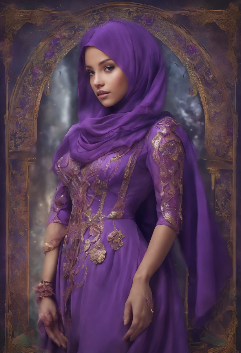 Full length portrait of a beautiful girl with purple hijab wearing a costume with a deep slit::style Mosaic、colourfull、high-detail、Photorealsitic、highcontrast