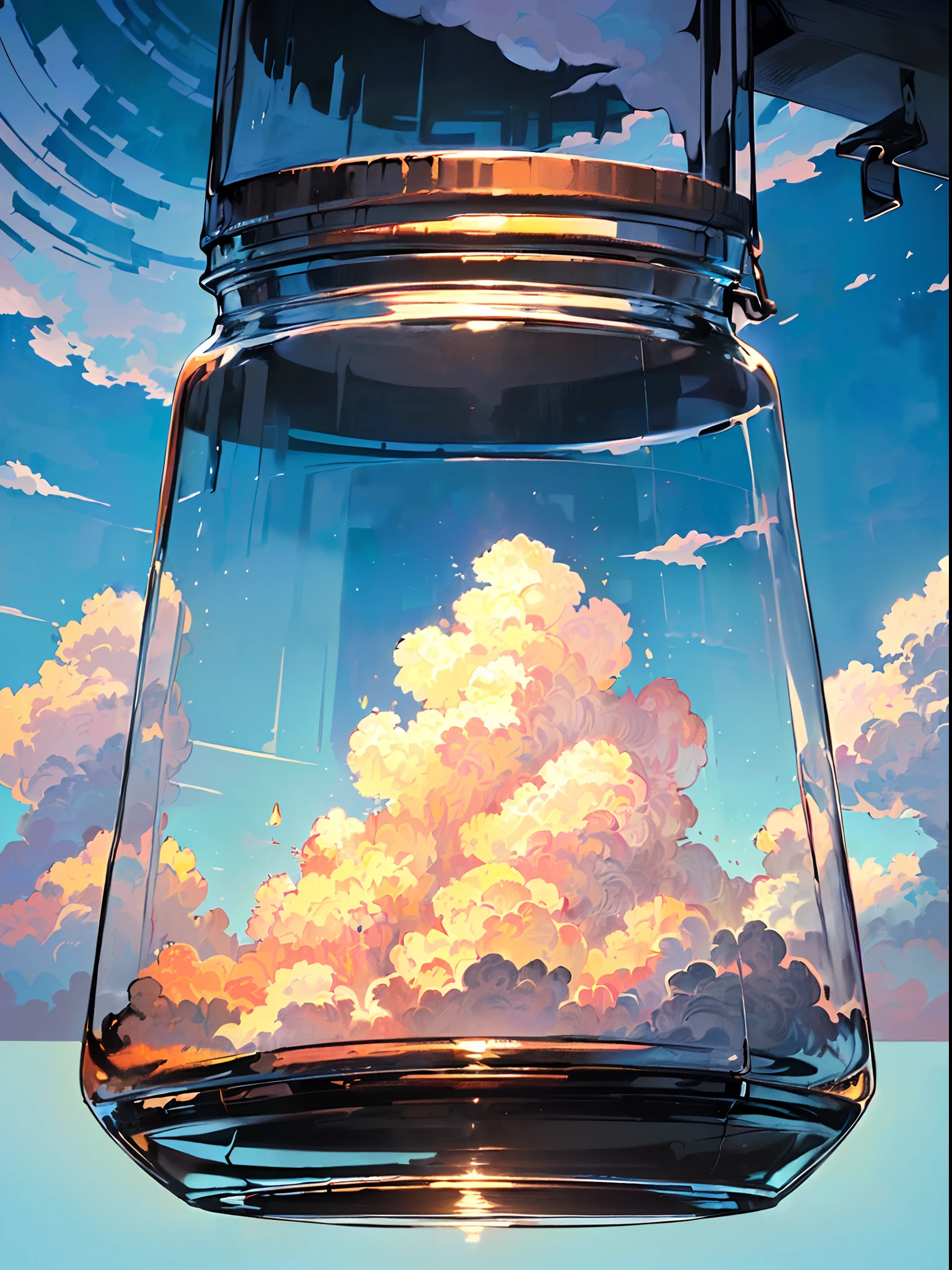 bottled world, Ridiculous, high resolution, super detailed, (accurate and incomparable illustration:1.3), (The World of Clouds in glass jar), (The outside of the glass jar is simple background, black backgroundo:1.6), (world in large glass jar:1.5), (Trapped blue sky and clouds in a large glass jar:1.5).