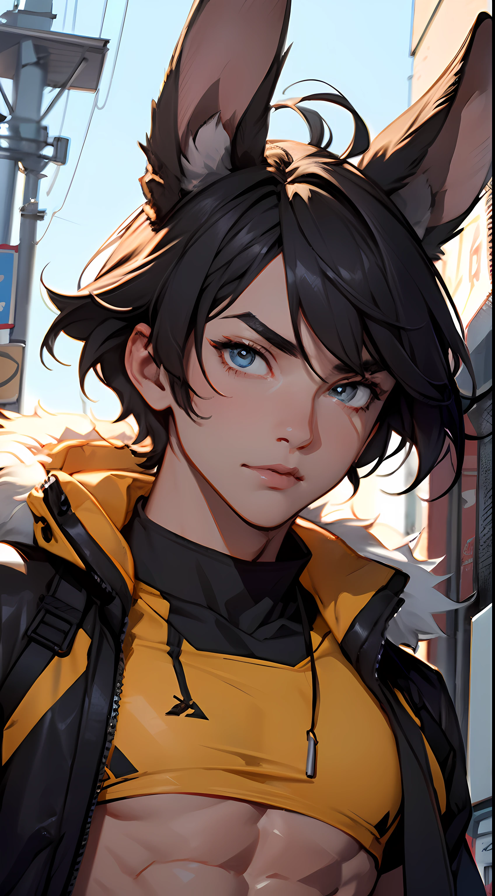 4K, high resolution, Best quality, Masterpiece, perfect colors, perfectly shaded, Perfect lighting, posted on e621, (by Chunie), Furry, anthro, Furry art, ((Portrait)), Male rabbits, Black Rabbit, Rabbit ears,(two-toned fur), hairy bodies, red color eyes, (Seductive look:1.2), fit body, perfect male figure, Wear men's shorts,Abs,musculature,Detailed fur, Detailed face, Perfect face, (The stands up), Detailed background, ((Bonifasko lighting)), tailed, (Detailed eyes), perfect pupils,suntanned skin