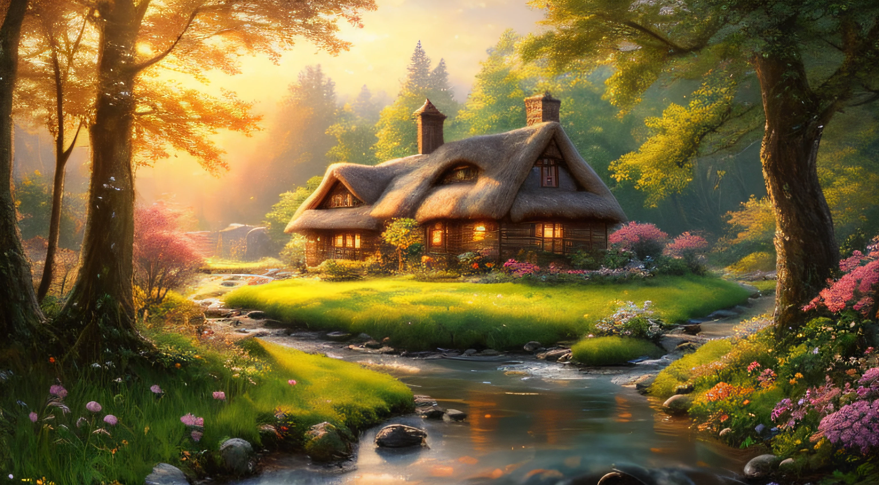masterpiece, best quality, high quality,extremely detailed CG unity 8k wallpaper, An enchanting and dreamy scene of a fantasy forest, beautiful cottage beside a stream,with towering trees, glowing flowers, and hidden fairy glens, creating a sense of mystique and enchantment, artstation, digital illustration, intricate, trending, pastel colors, oil paiting, award winning photography, Bokeh, Depth of Field, HDR, bloom, Chromatic Aberration ,Photorealistic,extremely detailed, trending on artstation, trending on CGsociety, Intricate, High Detail, dramatic, art by midjourney