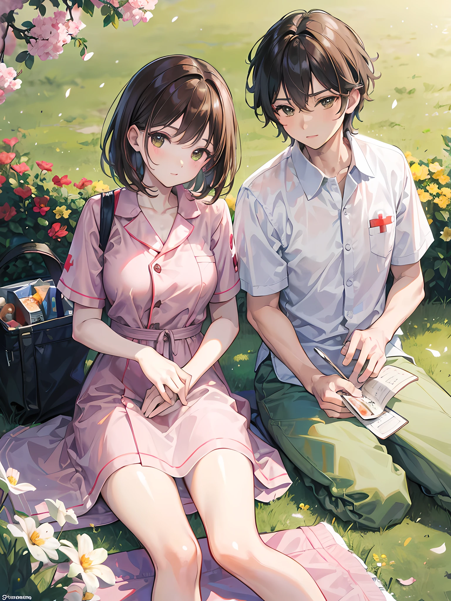 two characters, a cute couple on a beautiful park having a picnic, sunset, surrounded by flowers, spring. A handsome man with brown hair, brown eyes, light brown skin, Mexican, a paramedic. A beautiful woman , short black hair, light brown skin, Mexican, nurse, green eyes , wearing hospital gown, siting beside the man, red cross, high res, ultrasharp, 8k, masterpiece