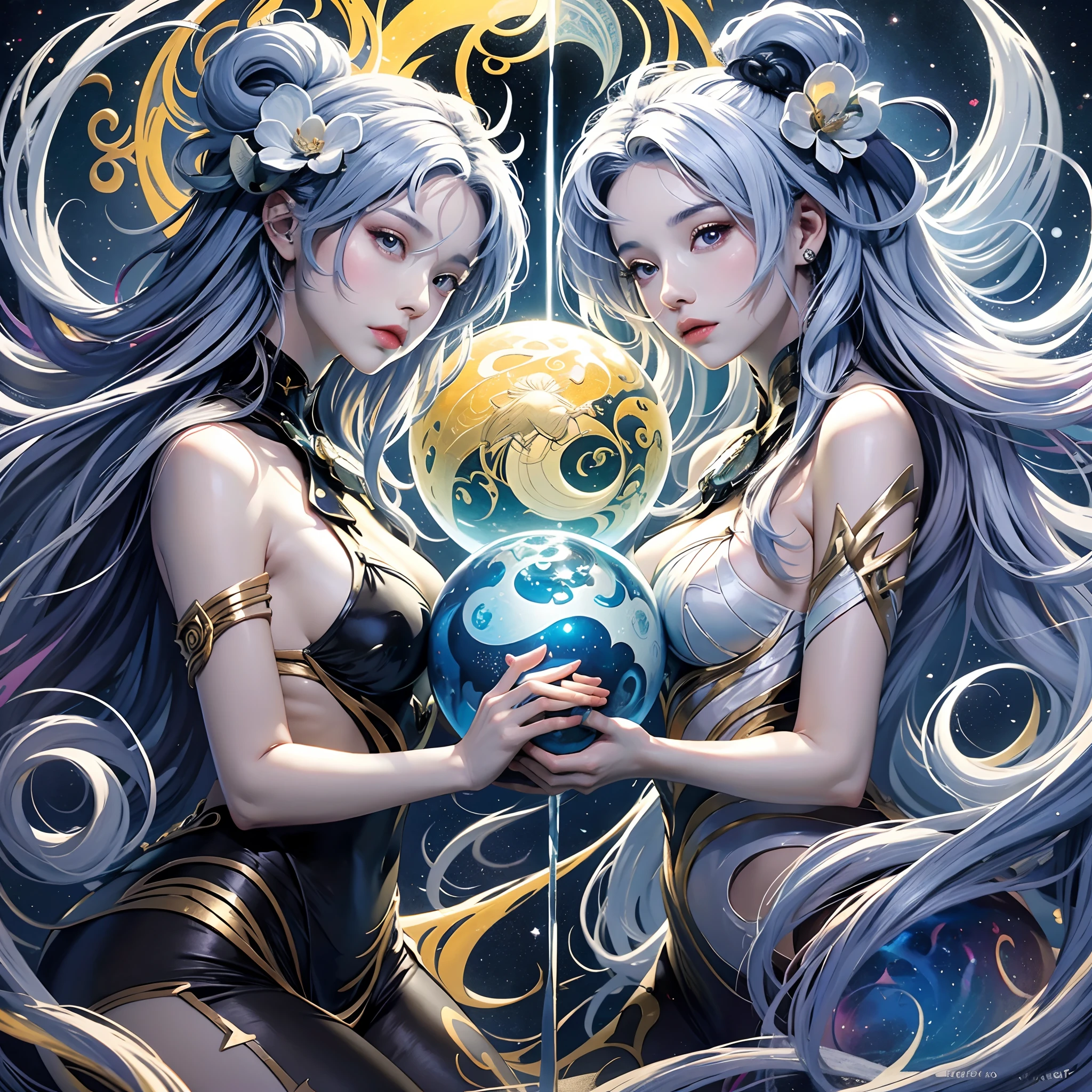 AI-generated painting at Sea Art、It depicts a fascinating image of yin and yang, (Max Quality, Exquisite design, The best lighting, Better shading). Statues of two mermaids in the shape of yin and yang. Inside the crystal ball, Under the moon and sun, Bring to life the harmony and interconnectedness of opposing forces and duality. Detailed, Realistic details, Convoluted, Carved in purple and yellow marble, Shining in the moonlight and sunshine, The perfect balance between light and dark, Mysterious and calm. Inside the crystal ball, Two halves: black woman, Represent Yin, And another white one, Symbolizing Yang. These details are、It symbolizes the mutual presence of opposing elements in each aspect. Although yin contains a small dot of yang, Yang also contains small dots of yin, Create a dynamic and harmonious balance. AI-generated painting at Sea Art、It conveys a profound message about the duality of the universe.Express in the form of a heart