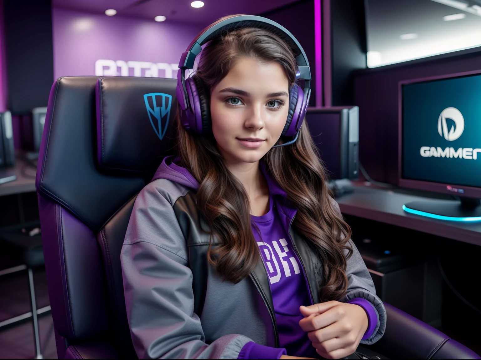 Selfie of a beautiful woman, wavy brown hair, headset around her neck, purple jacket, sitting in a gamer chair, dark blue and gray environment