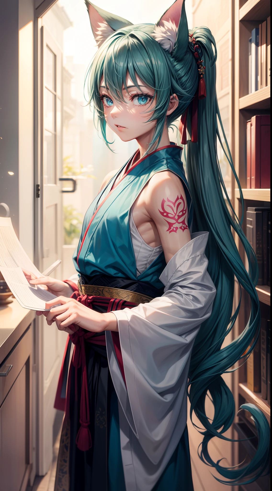 Young guy, short gray hair, high ponytail, Cyan eyes, Cat's ears, Hanfu, Sleeveless, Tatoo, Masterpiece, hiquality