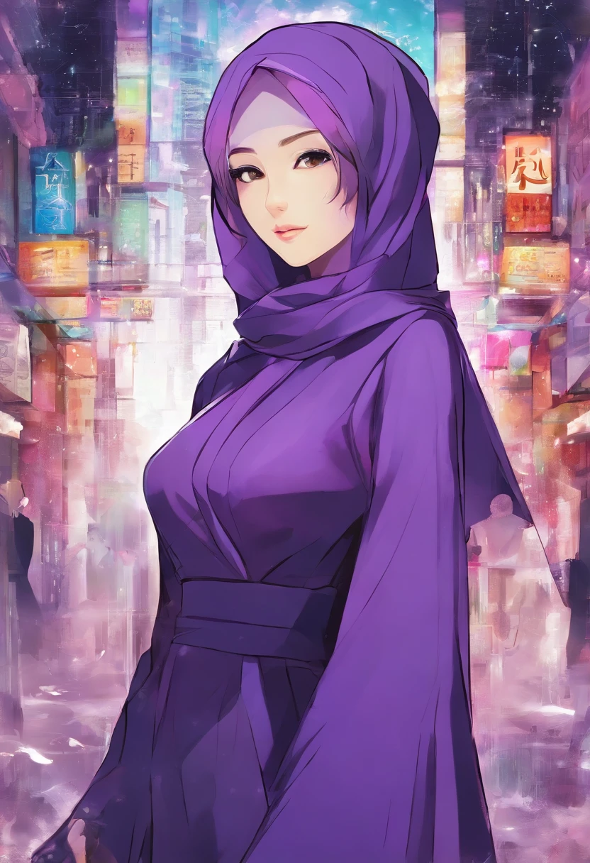 Full length portrait of a beautiful girl with purple hijab wearing a costume with a deep slit::style Mosaic、colourfull、high-detail、Photorealsitic、highcontrast