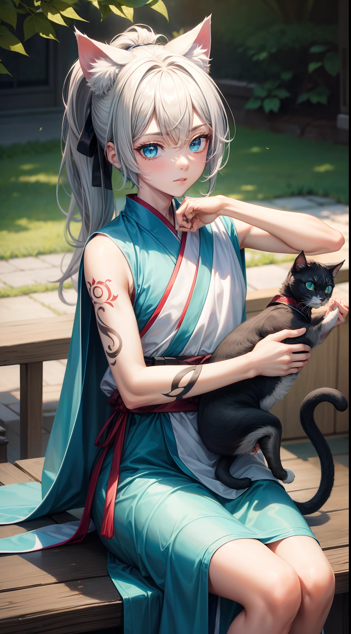 Young guy, short gray hair, high ponytail, Cyan eyes, Cat's ears, Hanfu, Sleeveless, Tatoo, Masterpiece, hiquality