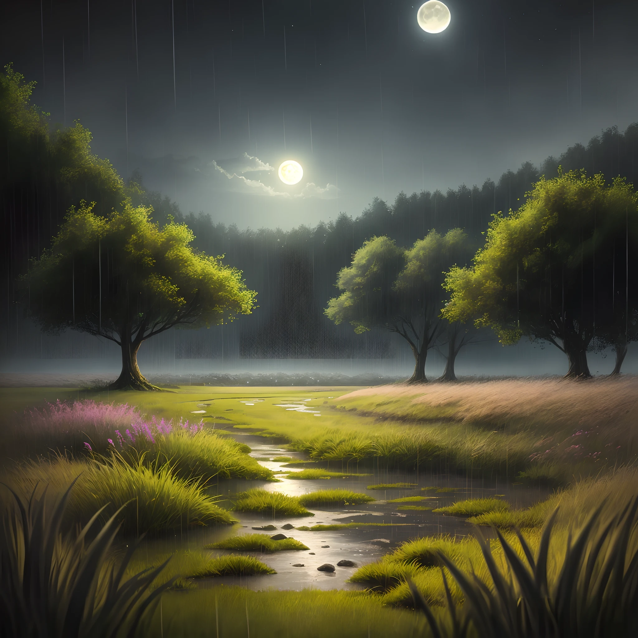 rainy evening，Kizi，grass field，themoon，