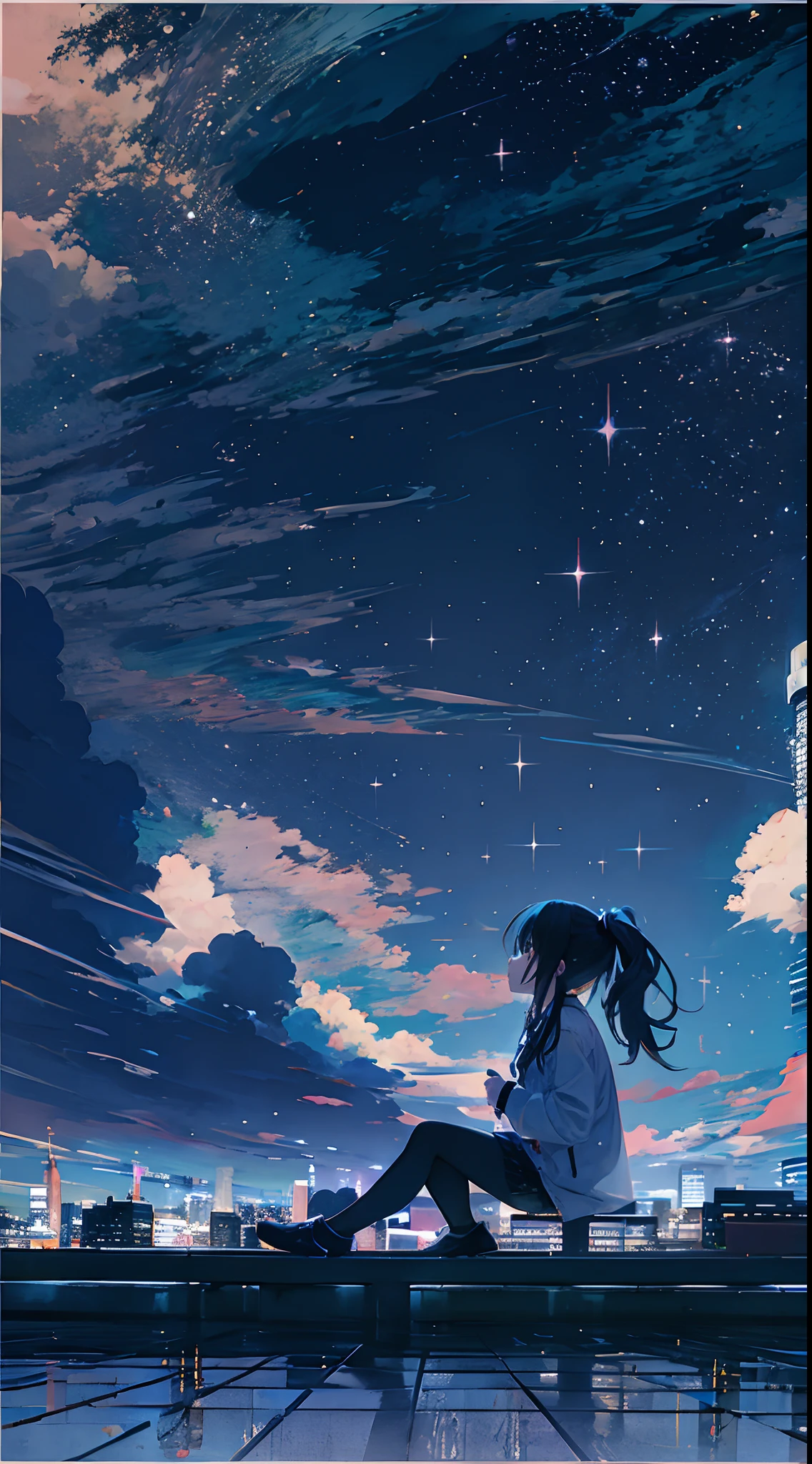 octans, sky, star (sky), scenery, starry sky, night, 1girl, night sky, solo, outdoors, building, cloud, milky way, sitting, tree, long hair, city, silhouette, cityscape