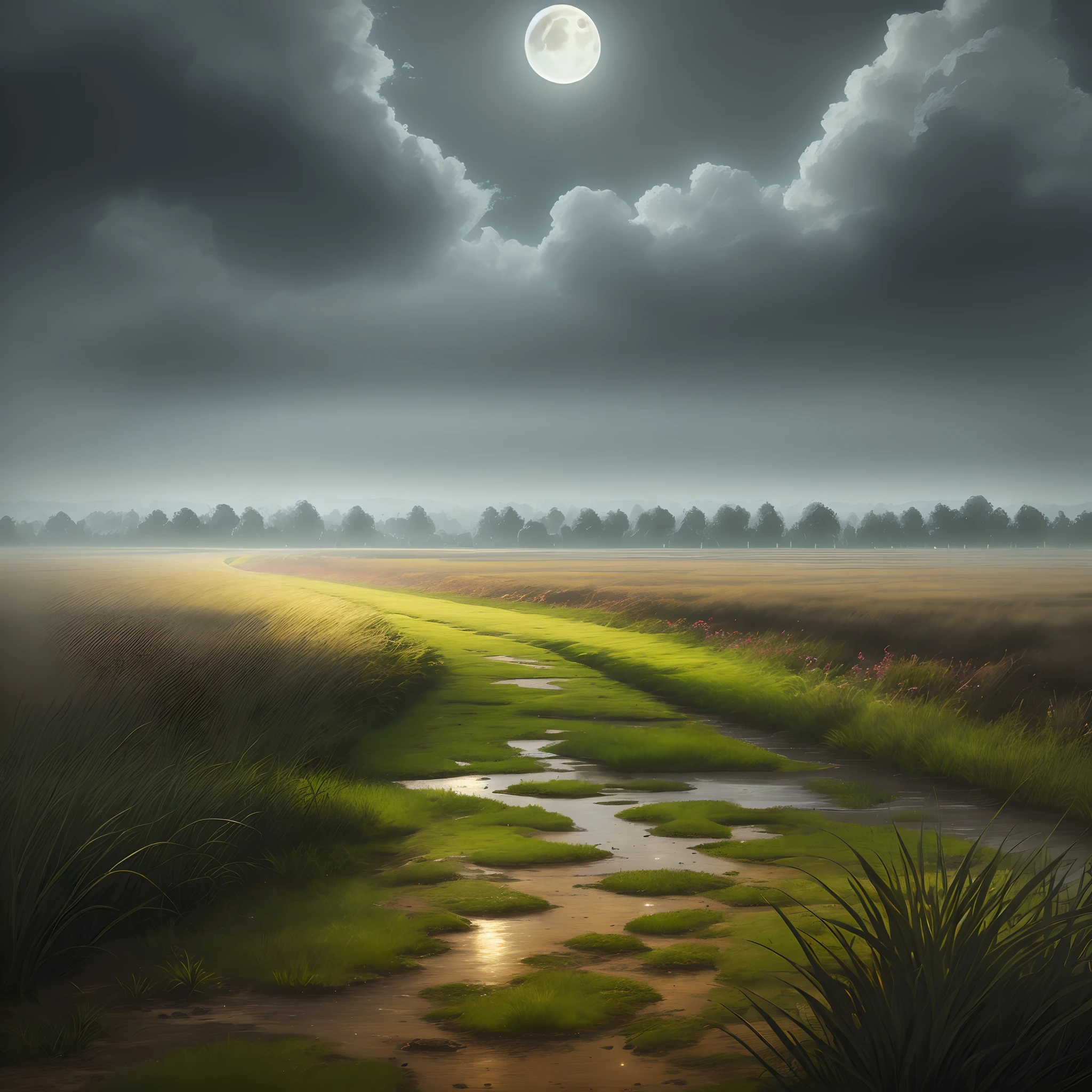 rainy evening,Kizi,grass field,themoon,