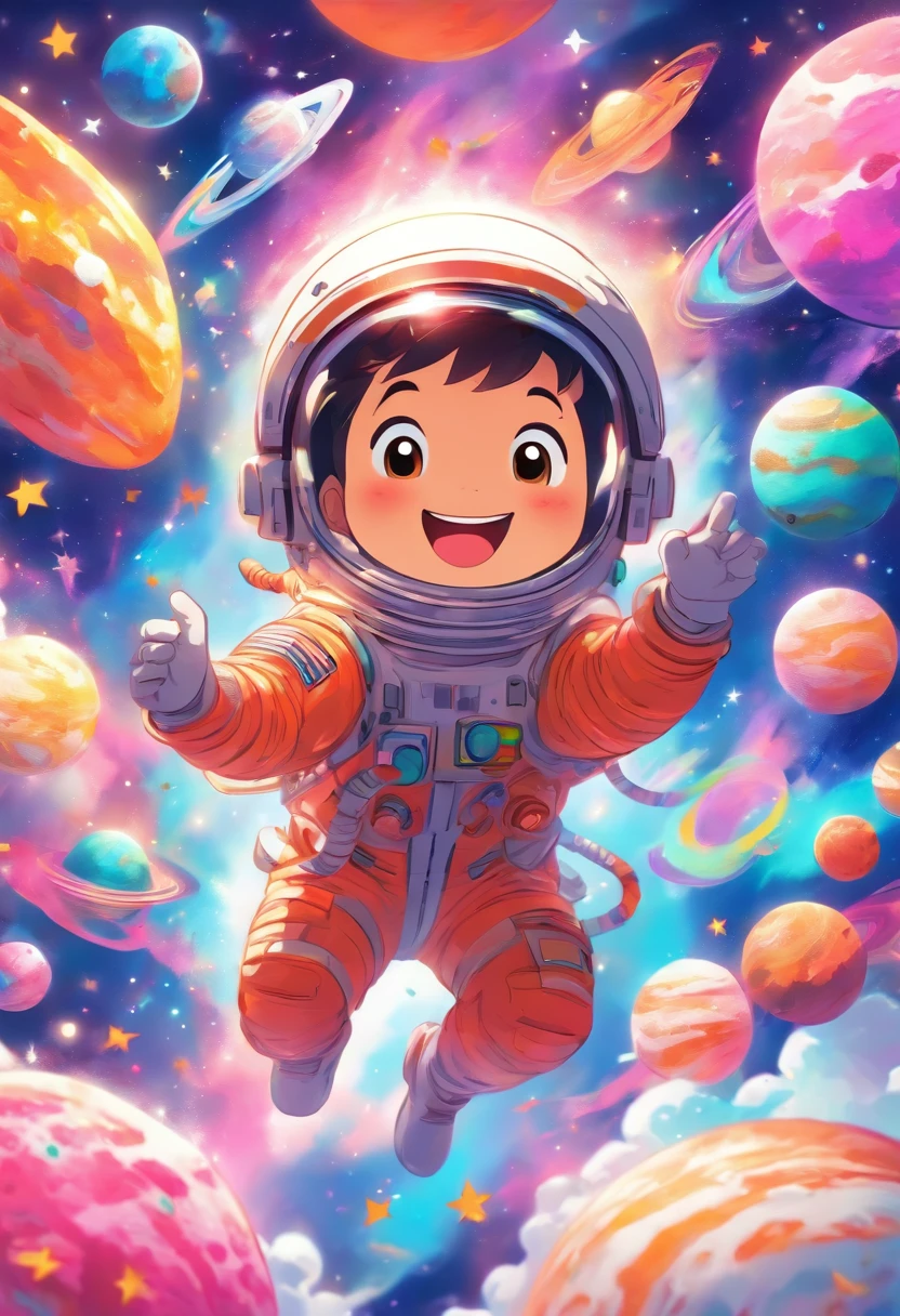 Create a joyful and vibrant digital art illustration of a cheerful astronaut in a whimsical, outer space setting. Use a bright and happy color palette to bring the astronaut to life, and design a background that includes playful elements like colorful planets, smiling stars, and floating ice cream cones. Make sure the astronaut is portrayed in a lighthearted and animated manner, evoking a sense of wonder and happiness. This artwork will be perfect for a sticker that spreads joy and positivity