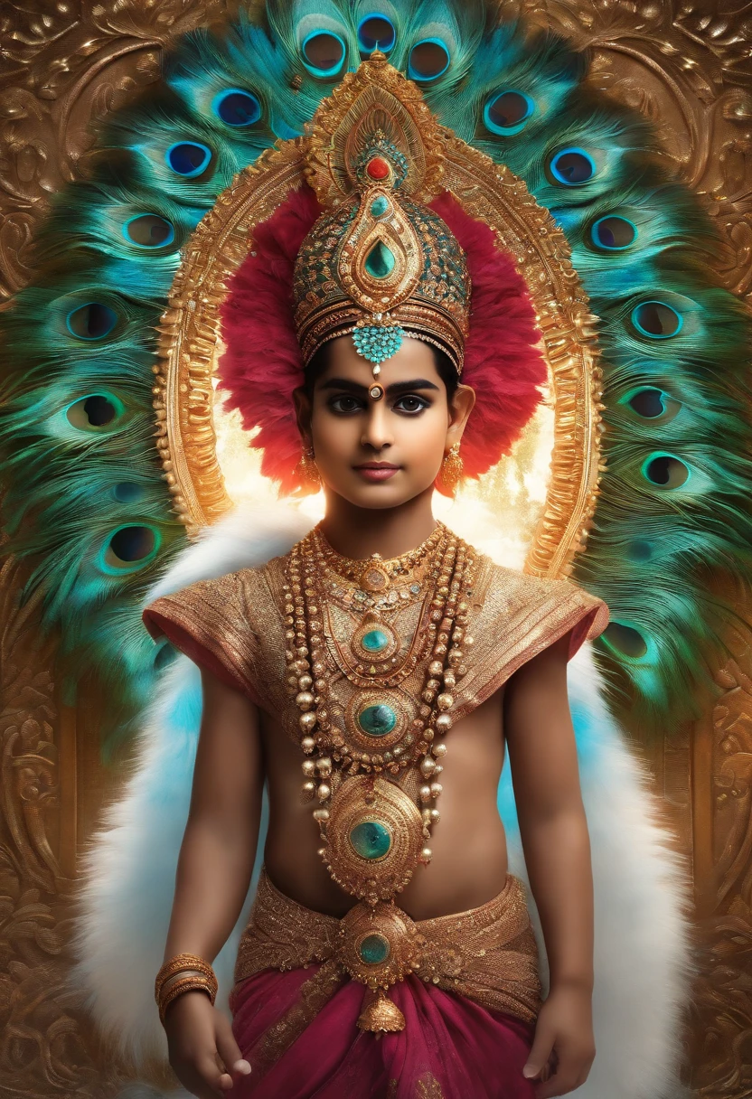 Wrapped in the elegance of futuristic peacock fur, Lord Shree Krishna embodied the amalgamation of tradition and innovation, encapsulating the eternal wisdom of the ancient scriptures within a modern aesthetic.