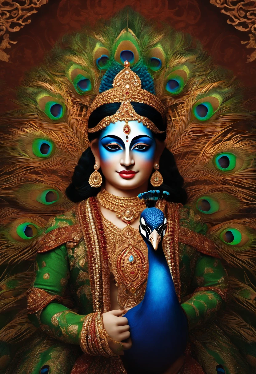 Wrapped in the elegance of futuristic peacock fur, Lord Shree Krishna embodied the amalgamation of tradition and innovation, encapsulating the eternal wisdom of the ancient scriptures within a modern aesthetic.