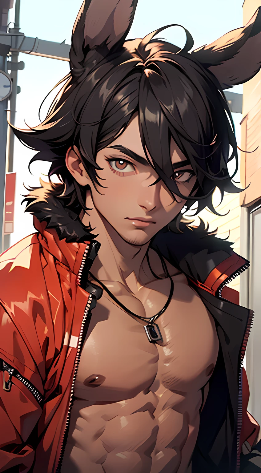 4K, high resolution, Best quality, Masterpiece, perfect colors, perfectly shaded, Perfect lighting, posted on e621, (by Chunie), Furry, anthro, Furry art, ((Portrait)), Male rabbits, Black Rabbit, Rabbit ears，(two-toned fur), hairy bodies, red color eyes, (Seductive look:1.2), fit body, perfect male figure, track suit，Wear men's shorts,Abs，musculature,Detailed fur, Detailed face, Perfect face, (The stands up), Detailed background, ((Bonifasko lighting)), tailed, (Detailed eyes), perfect pupils，suntanned skin
