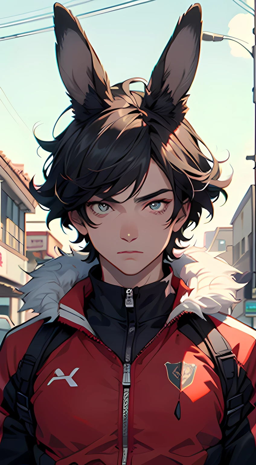 4K, high resolution, Best quality, Masterpiece, perfect colors, perfectly shaded, Perfect lighting, posted on e621, (by Chunie), Furry, anthro, Furry art, ((Portrait)), Male rabbits, Black Rabbit, Rabbit ears,(two-toned fur), hairy bodies, red color eyes, (Seductive look:1.2), fit body, perfect male figure, track suit,Wear men's shorts,Abs,musculature,Detailed fur, Detailed face, Perfect face, (The stands up), Detailed background, ((Bonifasko lighting)), tailed, (Detailed eyes), perfect pupils,suntanned skin