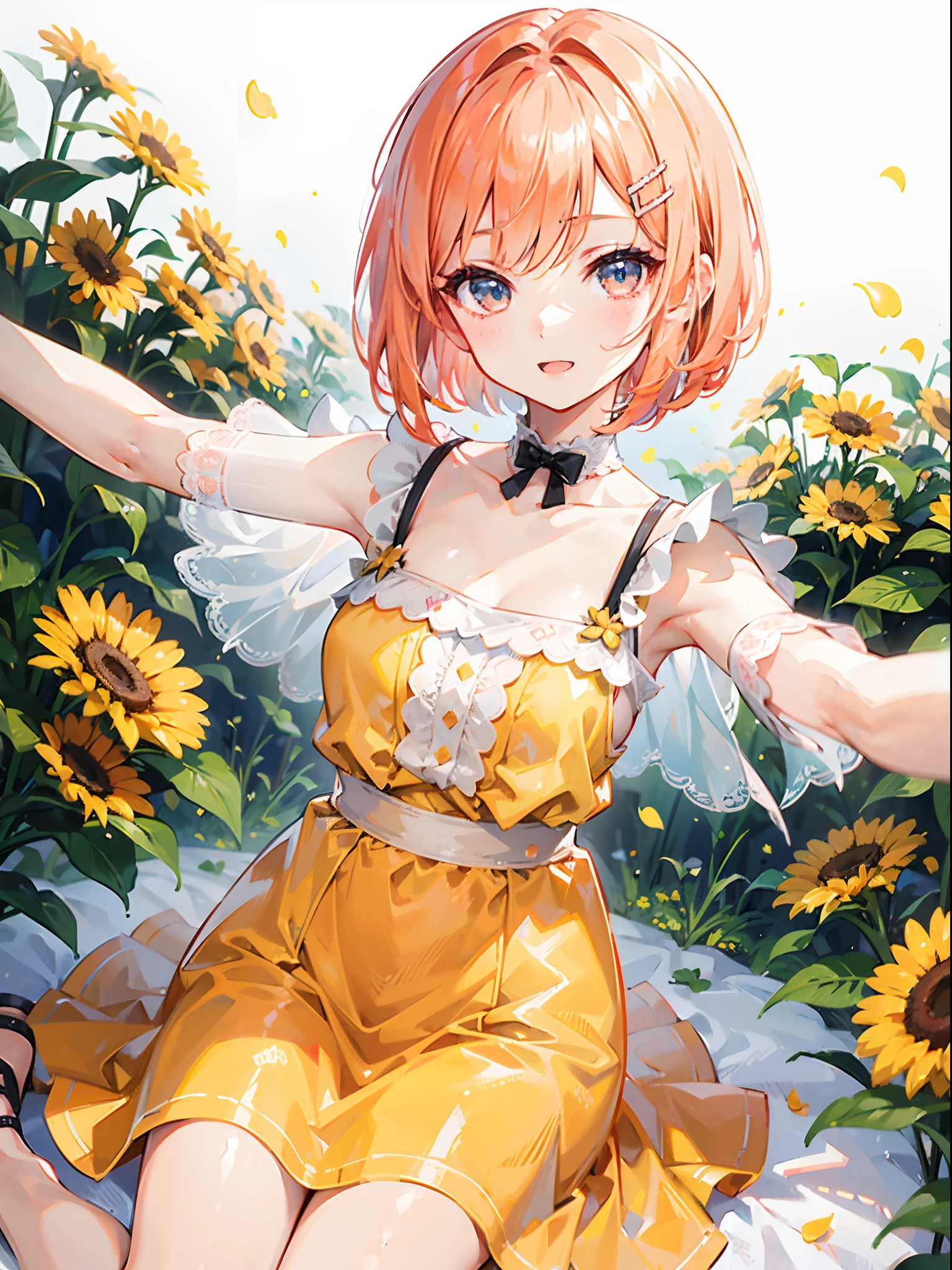one girls, winking, About 10 years old, Peachy Hair, short-hair, bob cuts, colorfull dress, kawaii, with light glowing, Bright effects, hightquality, high-level image quality, delicate illustration, Ultra-delicate,