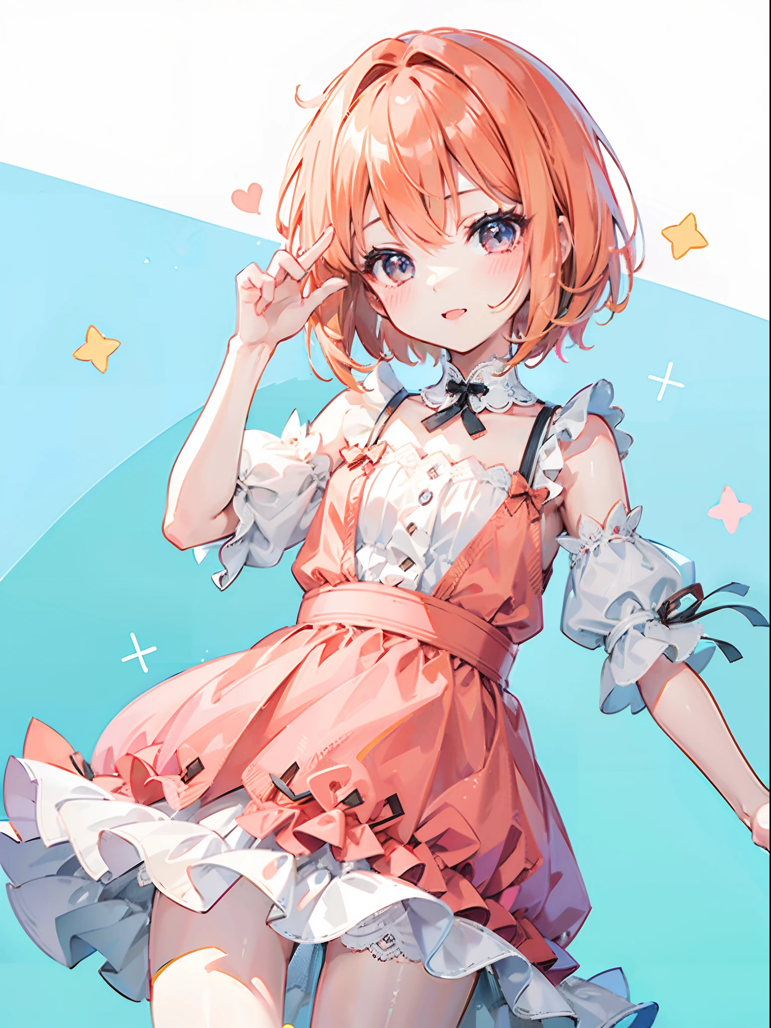 one girls, winking, About 10 years old, Peachy Hair, short-hair, bob cuts, colorfull dress, kawaii, with light glowing, Bright effects, hightquality, high-level image quality, delicate illustration, Ultra-delicate,