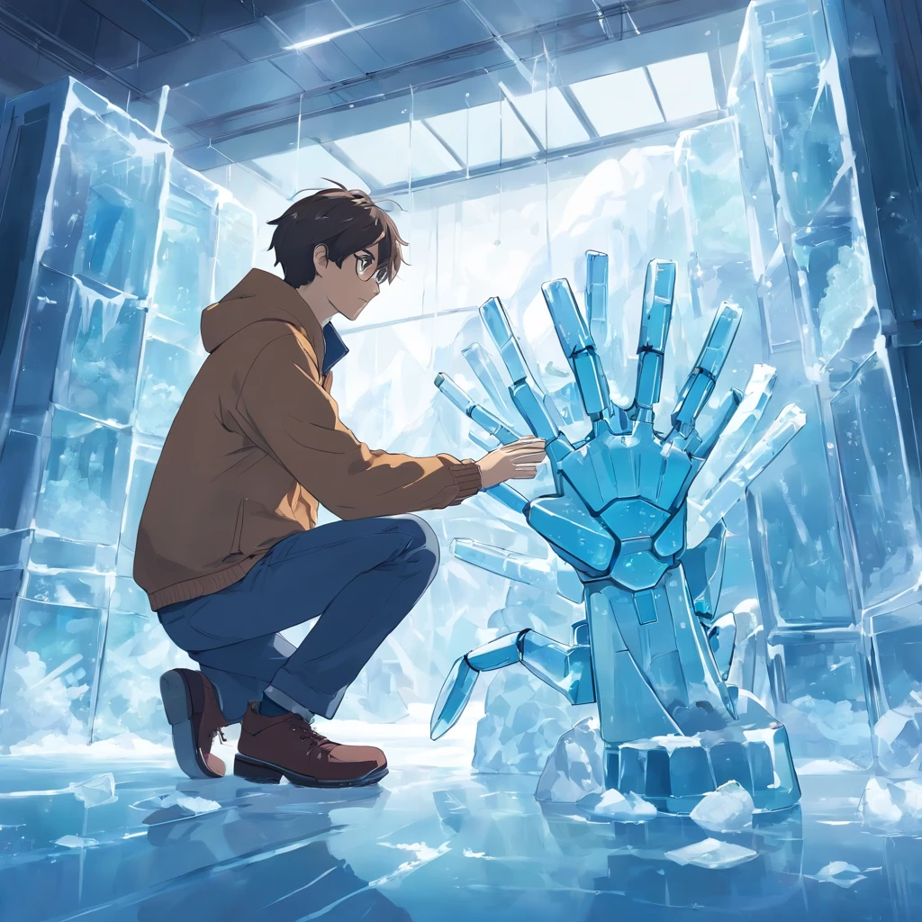 A man with A single robotic hand in a ice room with full of ice and monster