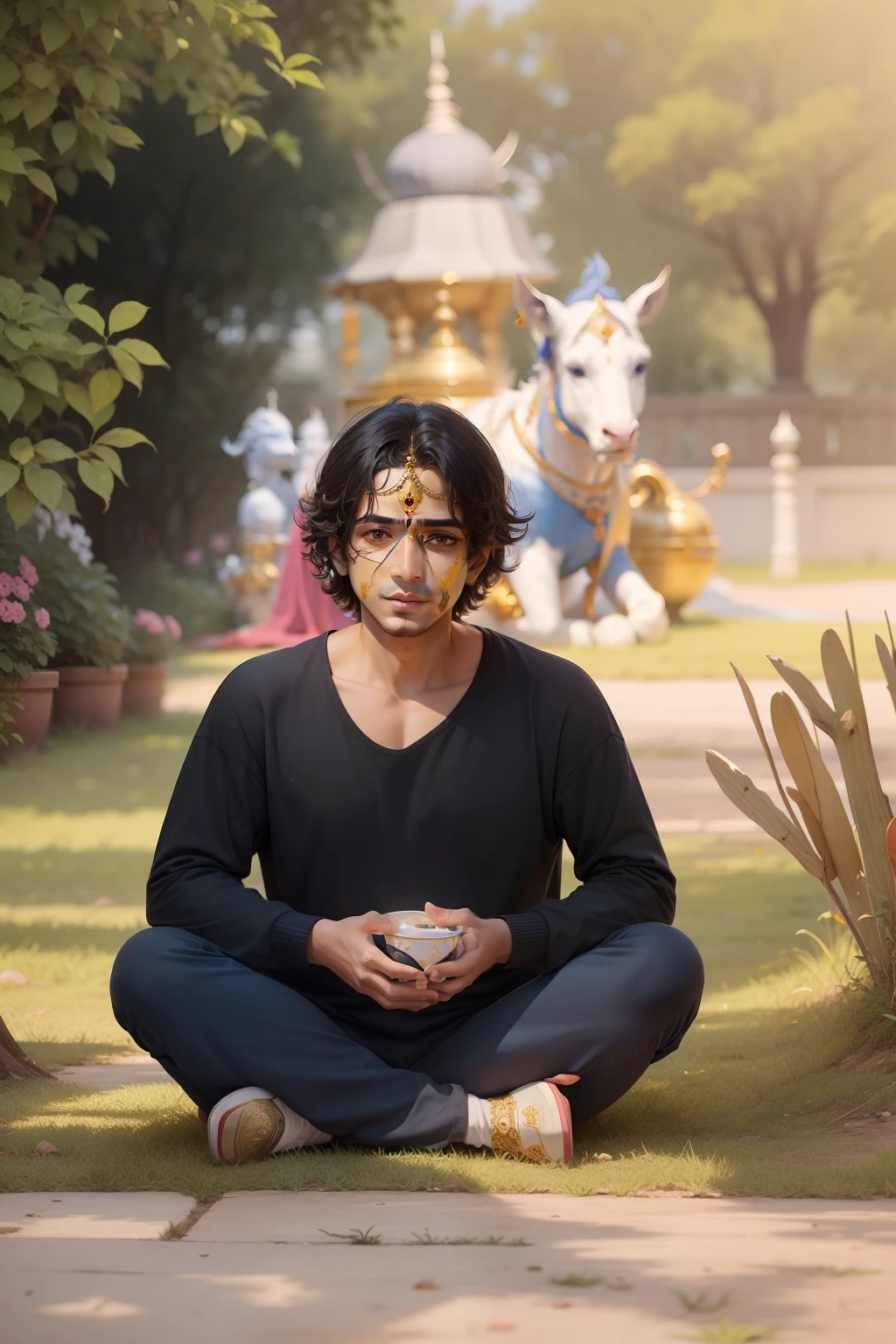 Change this photo as Lord Krishna, change the face also as Lord Krishna and change his clothes as Lord Krishna and face color will be yello like lord krishna