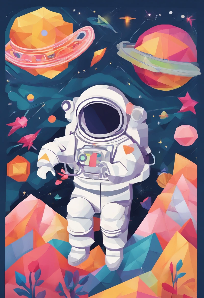 Create a joyful and vibrant digital art illustration of a cheerful astronaut in a whimsical, outer space setting. Use a bright and happy color palette to bring the astronaut to life, and design a background that includes playful elements like colorful planets, smiling stars, and floating ice cream cones. Make sure the astronaut is portrayed in a lighthearted and animated manner, evoking a sense of wonder and happiness. This artwork will be perfect for a sticker that spreads joy and positivity