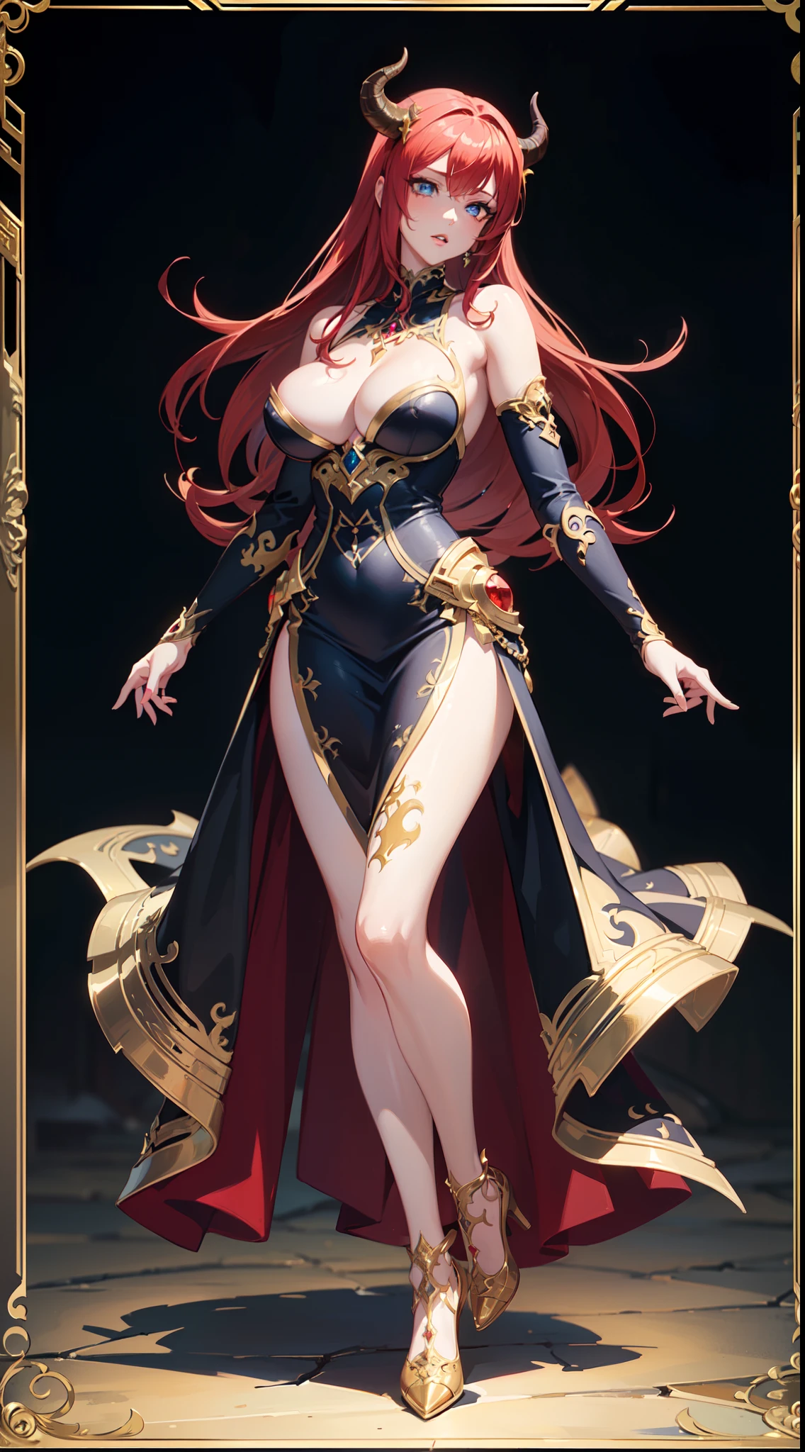 (Best quality),(ultra detailed),(anime style),(detailed body),(1 adult woman,beautiful detailed eyes,beautiful detailed lips),(red hair,blue eyes),(demon,succubus,horns,tail),(detailed dress with gold,detailed skirt with gold),(high heels),(vivid colors),(full body),(best detailed body),(best detailed eyes)