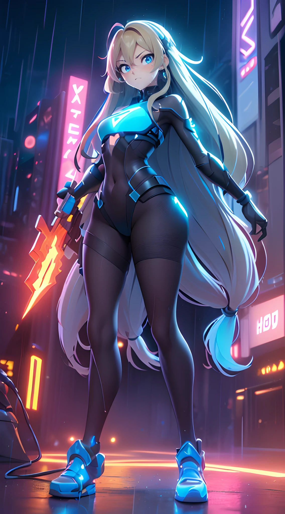 (Dynamic Angle:1.4), ((Full body posing:1.5), (Colorful:1.2), (Highly detailed CG Unity 16K wallpaper:1.1), (Denoising strength: 1.45), (tmasterpiece:1.37), ((Official art)), of the highest quality, (Realistic), Green Cyber Girl, 2 head body,Deformed Character,cute expression, (Super long hair:1.6),voluminous hair,Hair in motion,Golden hair,Glowing eyes,(blue eyess:1.2), (Smaller chest:1.3),  wires, (LED:1.3), (a hologram:1.2), ((big weapon:1.5)),((dynamicposes:1.5)),futuristic city street, Neon light, Skyscrapers, (Night:1.2), (Rain:1.2), (Rainbow Model:1.2), 8K resolution, (Anime style:1.3), Cinematic lighting, chromatic abberation, spark of light, Ray tracing, blending, ultra wide-angle, Hasselblad, (masutepiece), (masutepiece), ((Best Quality)), ((masutepiece)), nffsw
