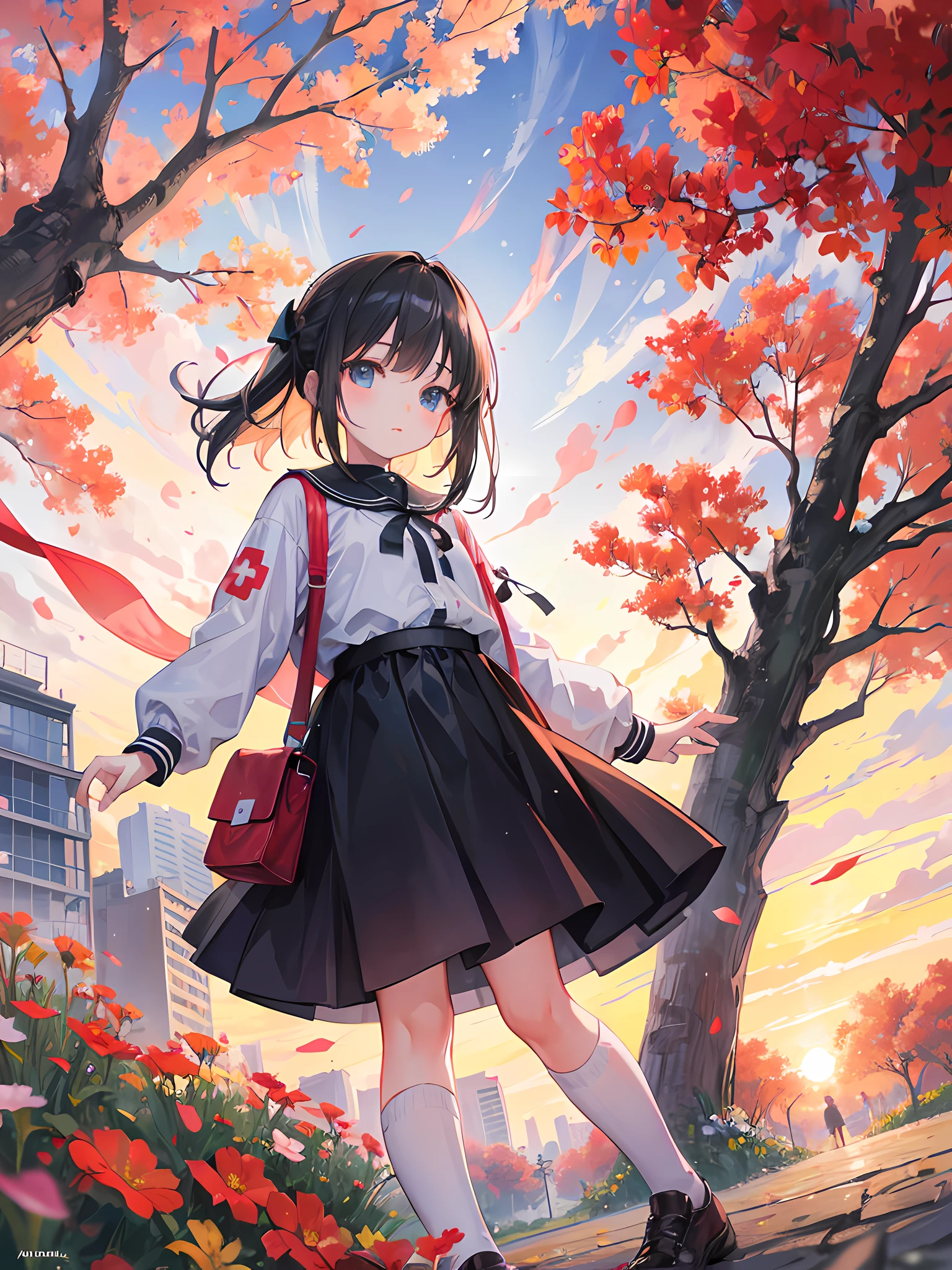 many kids, kids playing on a beautiful park, sunset, surrounded by flowers, spring. red cross, high res, ultrasharp, 8k, masterpiece