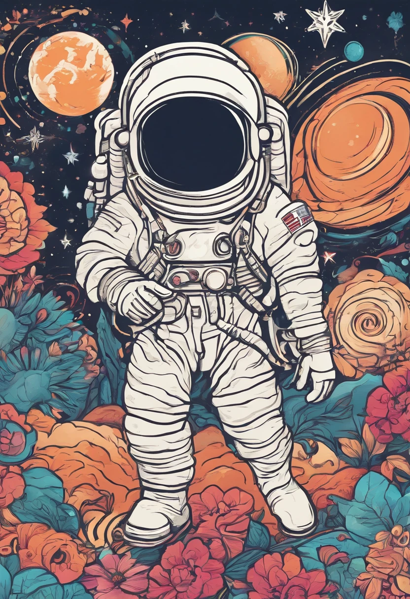 Create a joyful and vibrant digital art illustration of a cheerful astronaut in a whimsical, outer space setting. Use a bright and happy color palette to bring the astronaut to life, and design a background that includes playful elements like colorful planets, smiling stars, and floating ice cream cones. Make sure the astronaut is portrayed in a lighthearted and animated manner, evoking a sense of wonder and happiness. This artwork will be perfect for a sticker that spreads joy and positivity